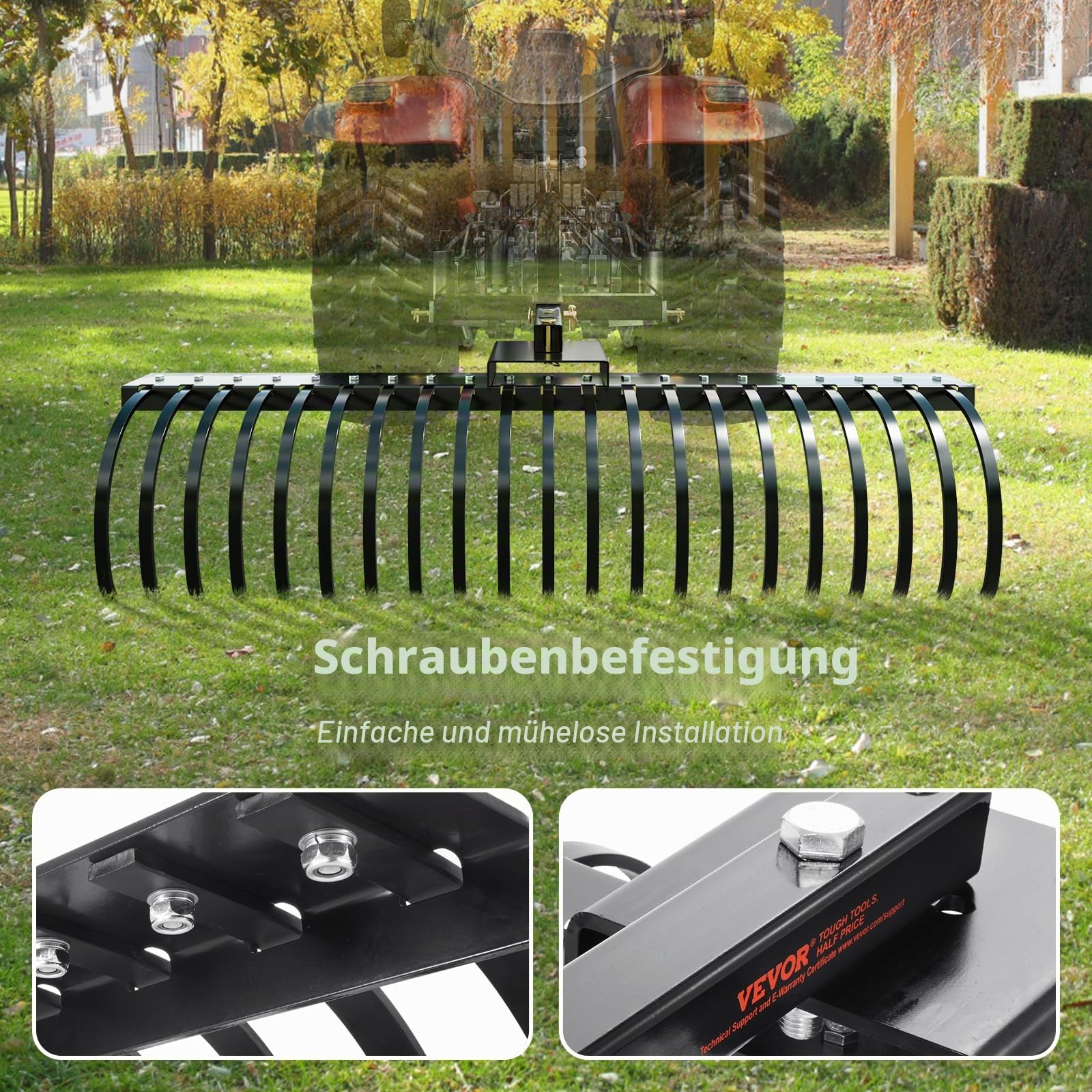 VEVOR Anhängerechen 152,4 cm Anhänge-Vertikutierer mit 21 Stahlspiralzinken Rasenvertikutierer-Rechen zur Befestigung an 121,92 cm oder 152,4 cm Langen Werkzeugleisten und 3-Punkt-Aufhängungssystemen