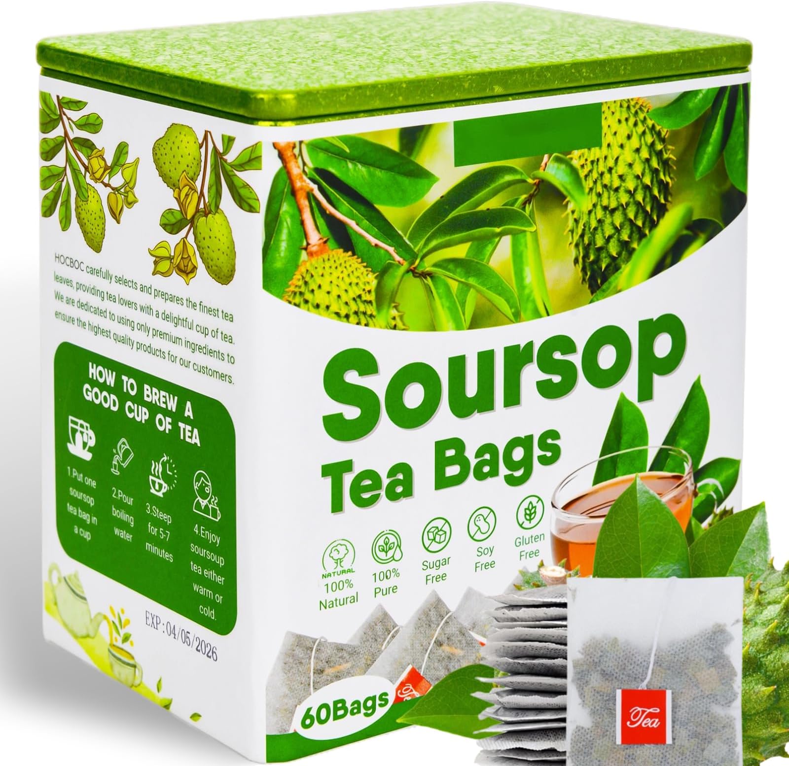 60 Pure Soursop Leaves Tea Bags, Real Natural Soursop Graviola Leaves Teabag, Handmade Made of Premium Guanabana Leaves, Pleasant Taste Natural Flavor,No Sugar/Caffeine/Gluten (1.5g/bag)