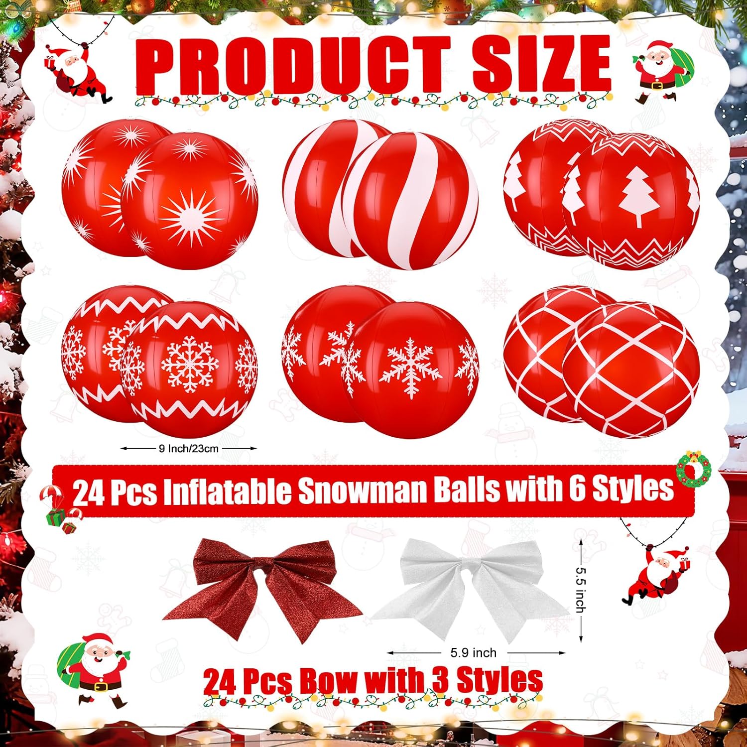 Jenaai 24 Pcs Red and White Christmas Inflatable Balls Decorations 9 Inch PVC Inflatable Balls Large Outdoor Blow up Christmas Ornaments Winter Snowflake Hanging Ornaments for Xmas Tree Yard Pool
