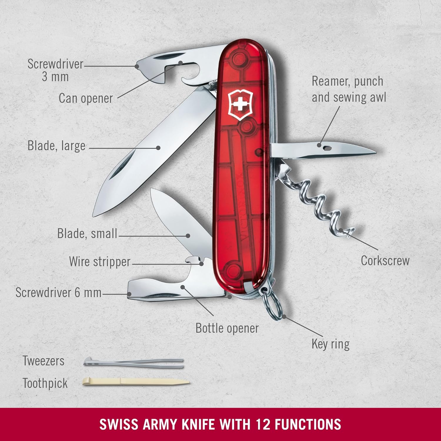 Victorinox Spartan Swiss Army Knife, 12 Functions, Swiss Made Pocket Knife with Corkscrew, Can Opener and Screwdriver - Ruby