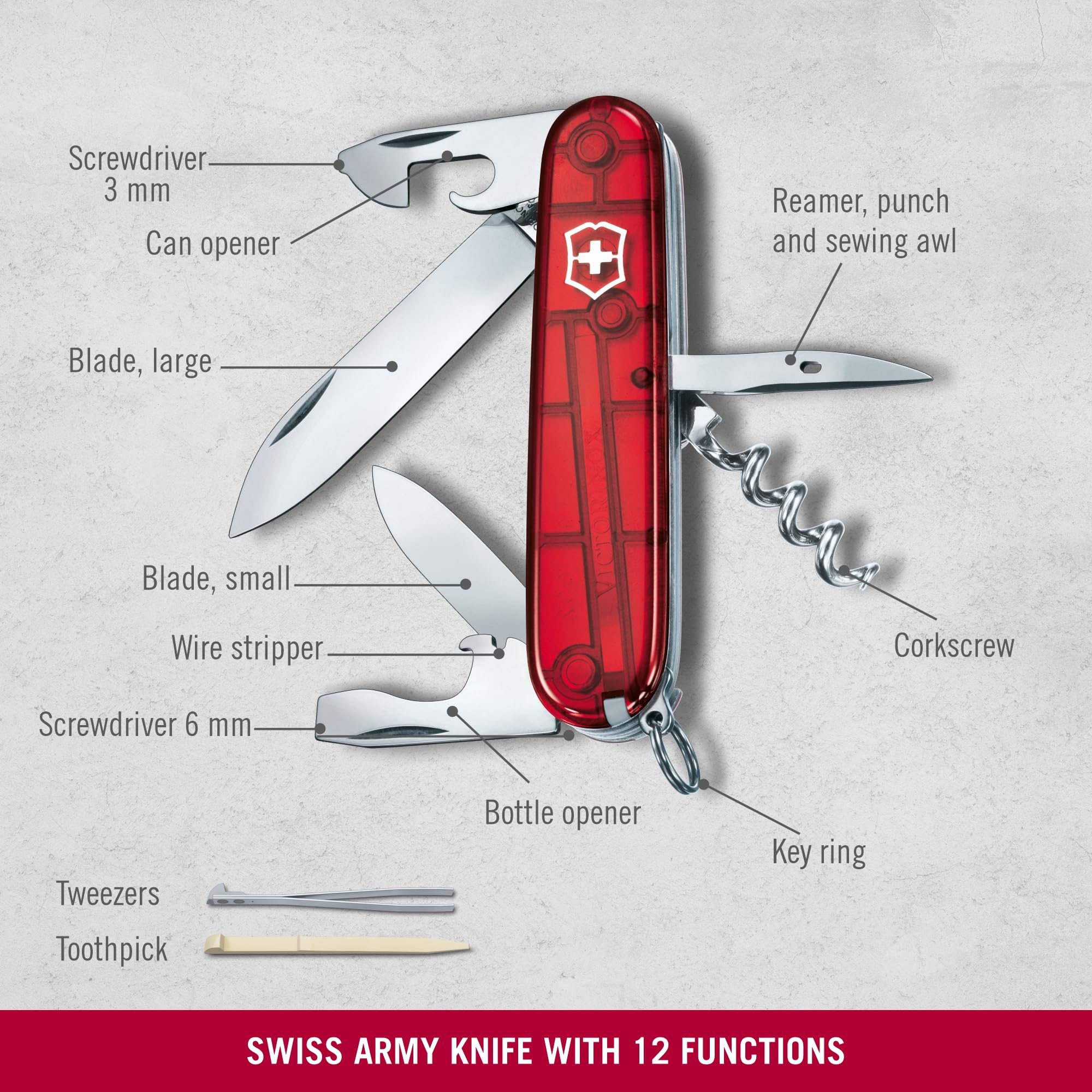 Victorinox, Spartan, Navaja Multiuso Suiza, Cuchillo bolsillo, Regalo, 12 Funciones, Hoja grande, Sacacorchos