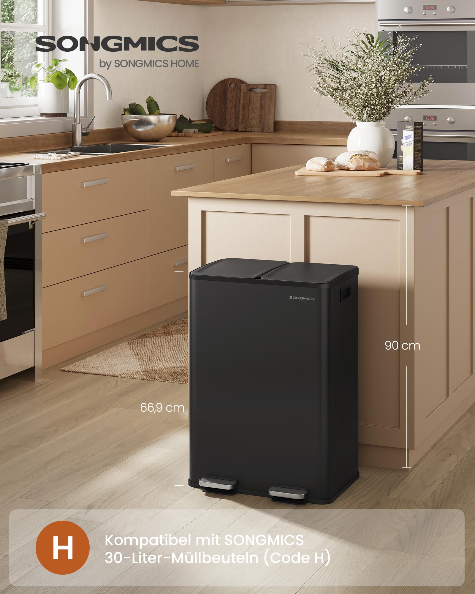 SONGMICS Mülleimer Küche 2 x 30 Liter 2 Fächer Tretmülleimer mit Softclose-Deckel Stahl tintenschwarz LTB741B02