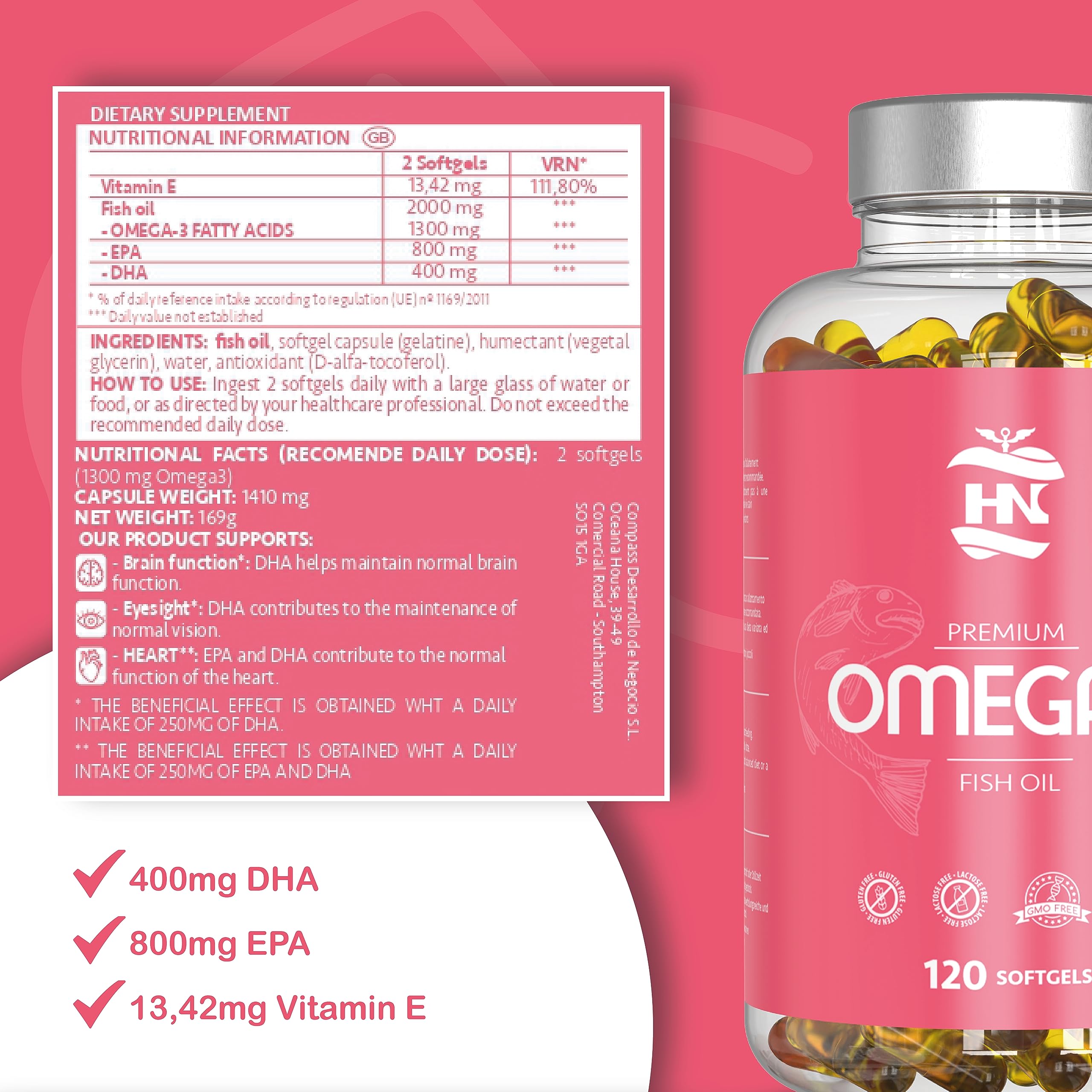 Omega 3 capsulas 1000mg - Fuente Ácidos Grasos de Aceite de Pescado – 500 mg DHA, 700 mg EPA y vitamina E – Para mantener el sistema cardiovascular y arterial saludable – 120 softgel (3 Botes)