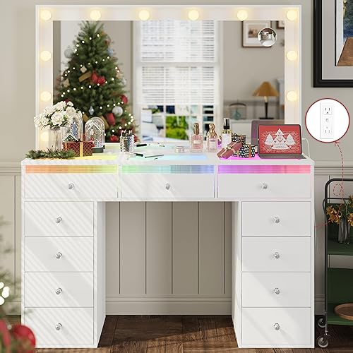 IFSEB Makeup Vanity Desk with RGB Lights and Large 36.9’’ Mirror, 11 Drawers Vanity with Glass Top & 3 Color Hollywood Bulbs, Make Up Vanity with Charging Station & Crystal Knobs for Woman, White