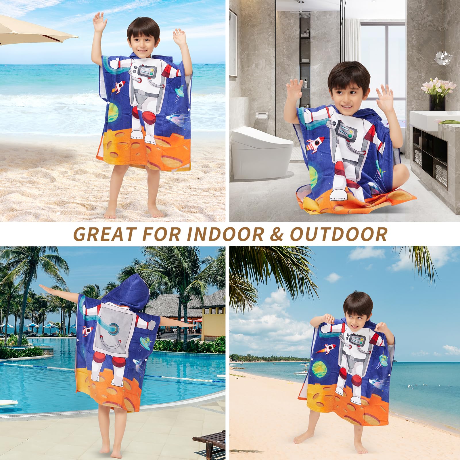 Toalla con capucha de algodón 100% para niños pequeños de 2 a 6 años, niños, niñas, baño, piscina, playa, poncho de playa absorbente y suave, pequeño astronauta