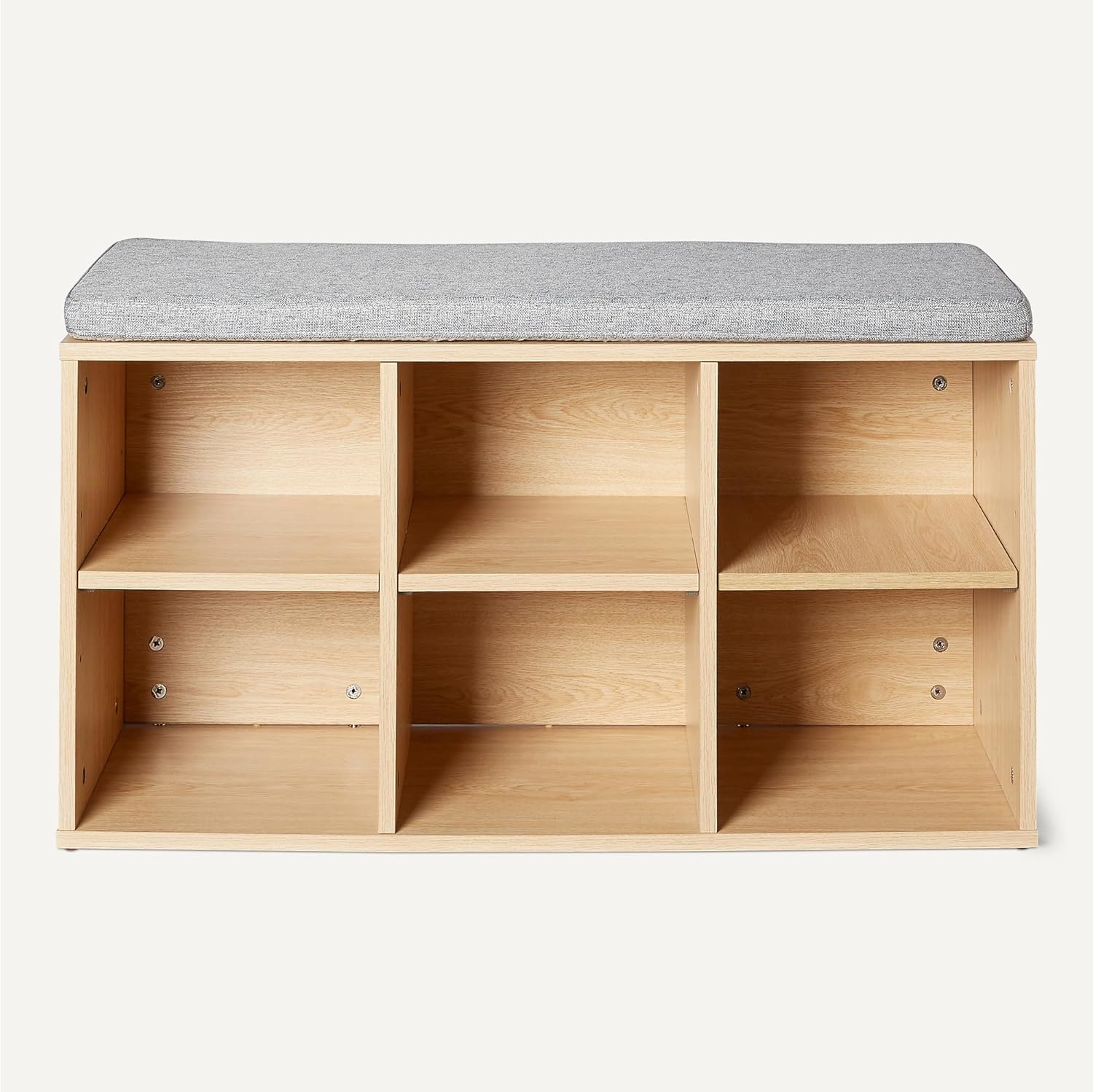 Amazon Basics Shoe Storage Bench with Cushion, 6 Cubbies, Adjustable Shelves, Oak Finish, 87cm W x 47.6cm H