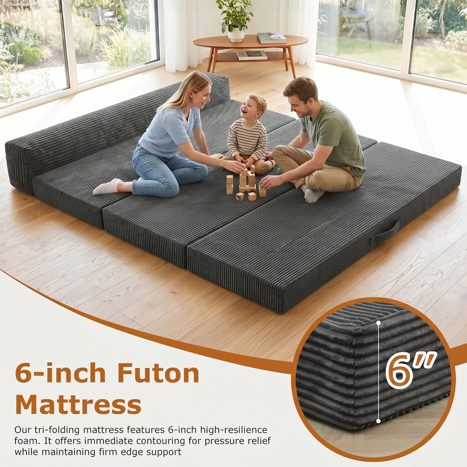 JUIKURY 6 Inch Tri-Fold Memory Foam Mattress Queen Size, 5 in 1 Convertible Sofa Bed, Foldable Floor Futon Sleeper Couch with Washable Cover & High-Density Foam, Portable Guest Bed for Living Room