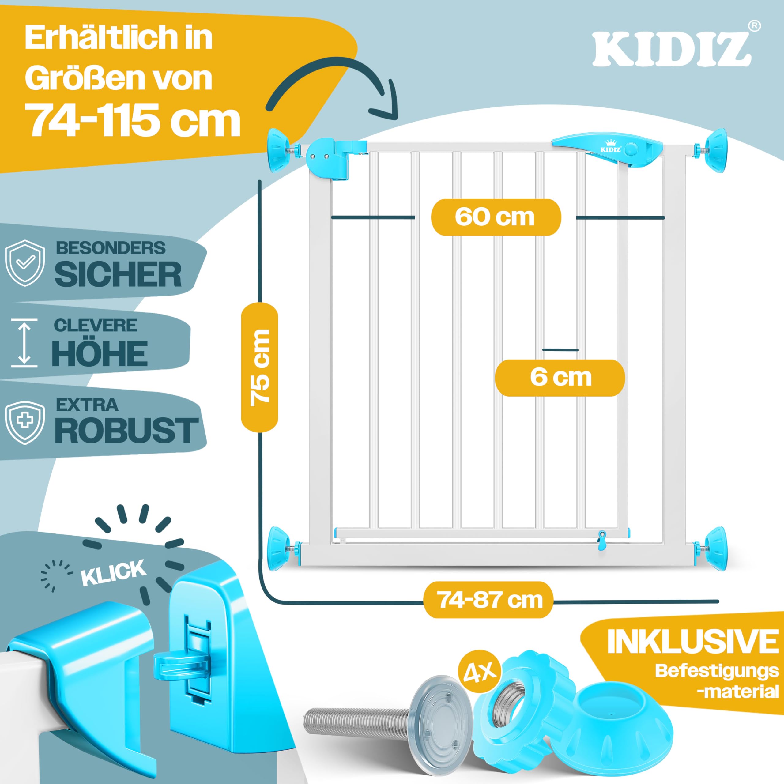 Grille De Protection KIDIZ Pour Porte/Escalier - 74-87 Cm - Sans Perçage - Pour Enfants Et Animaux