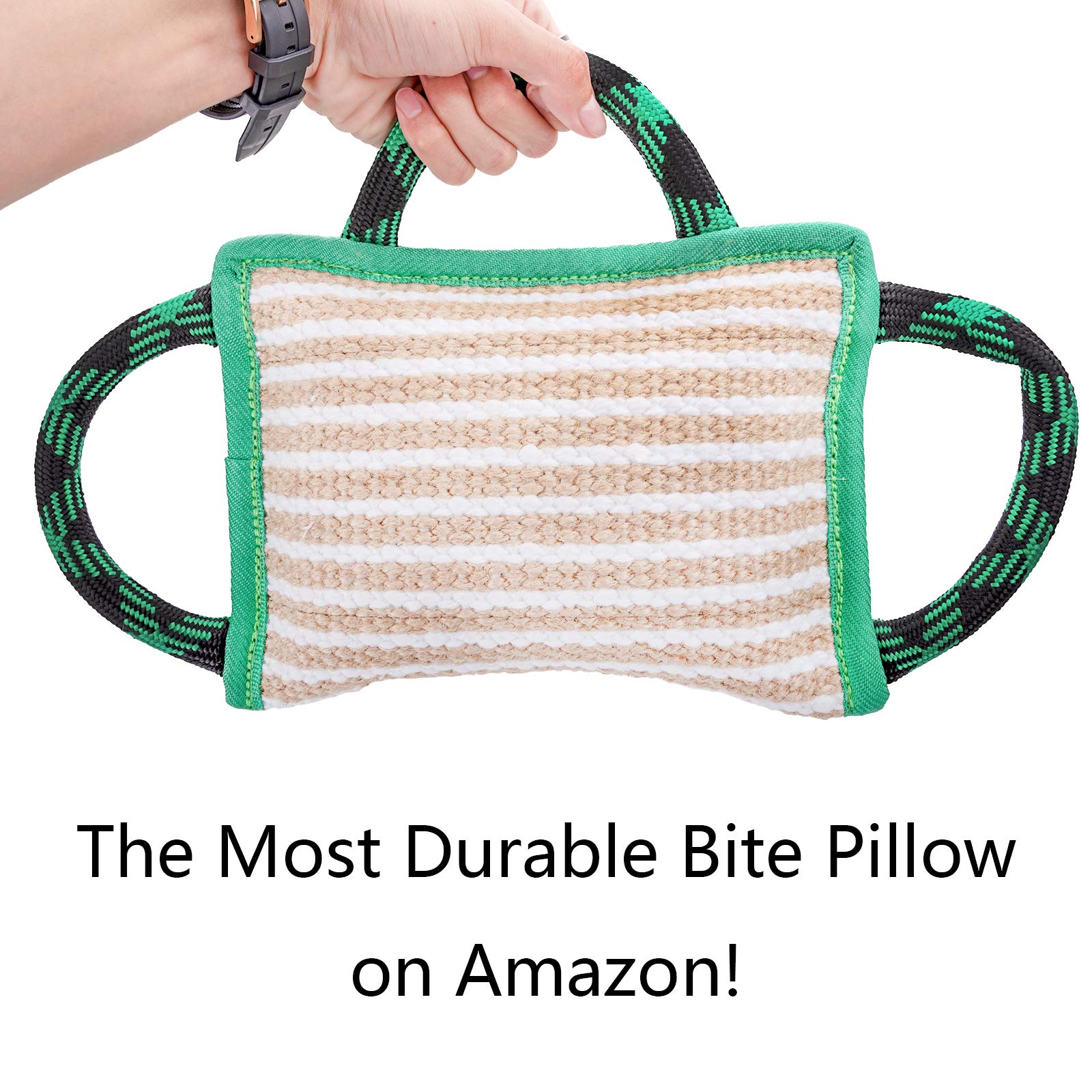 Almohada de entrenamiento para perros con 3 asas de yute cómodas y fuertes para perros jóvenes y cachorros, juguete interactivo para perros medianos a grandes (10.2 pulgadas x 7.1 pulgadas)