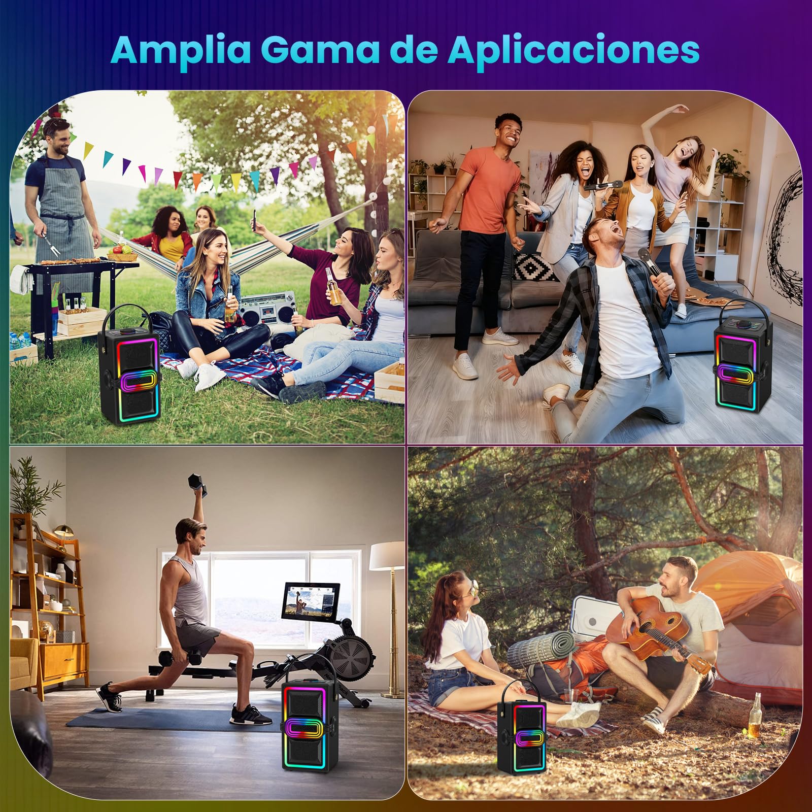 Altavoz Bluetooth, 120 W de Pico inalámbrico TWS, Altavoces portátiles para Fiestas al Aire Libre con subwoofer, Graves Profundos, Luces LED Coloridas, para el hogar, Camping (Negro)
