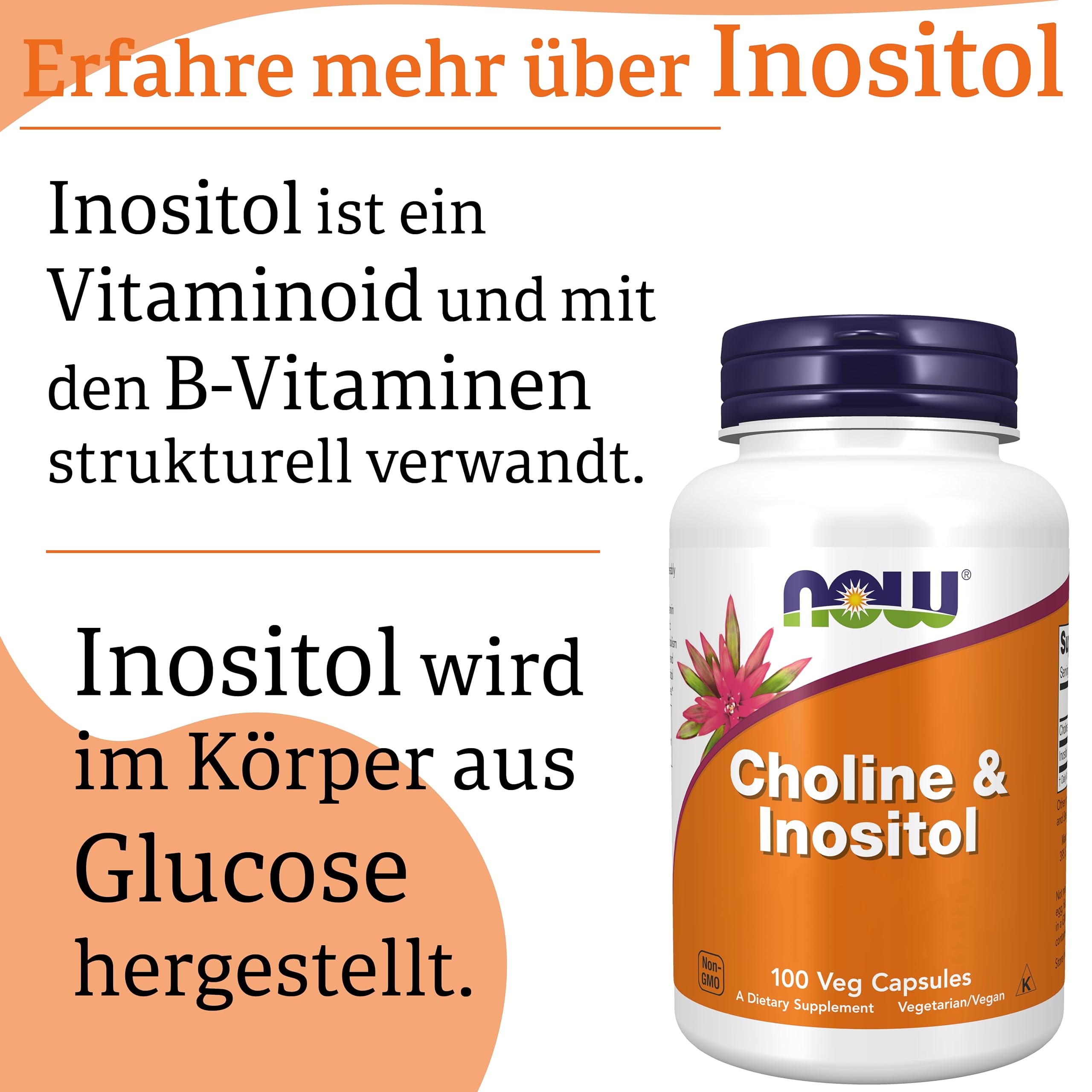 Now Foods, Choline & Inositol, 500 mg, 100 vegane Kapseln, Laborgeprüft, Vitamin B, Glutenfrei, Sojafrei, Vegetarisch