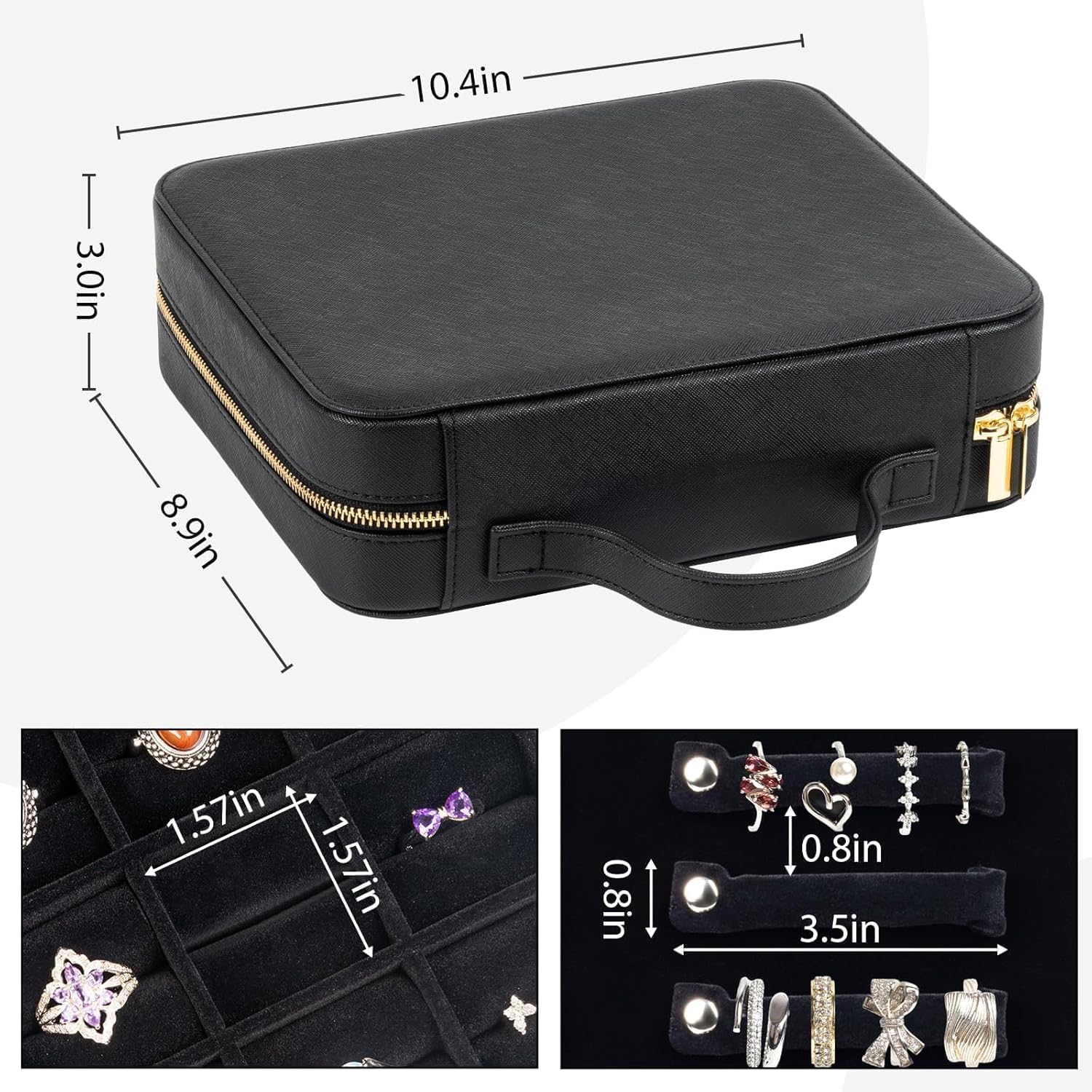 Luxury Velvet Ring Storage Organizer Case, Leather Ring Holder for Women/ Girls/ Mothers/ Wife, Portable Jewelry Display Box with Large Capacity for 90+ Rings, Earrings, Necklaces - Black(Case Only)