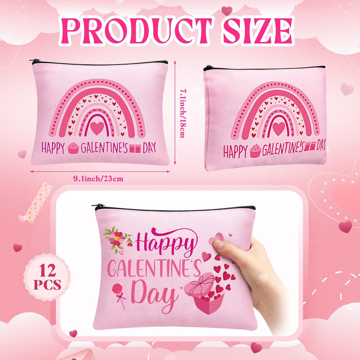 Abbylike 12 Pcs Galentine's Day Makeup Bags Gifts Bulk Galentines Gift Bags Valentine's Day Canvas Cosmetic Bag Gifts for Women Girls Ladies Celebration Friendship Galentines Party Favors Supplies