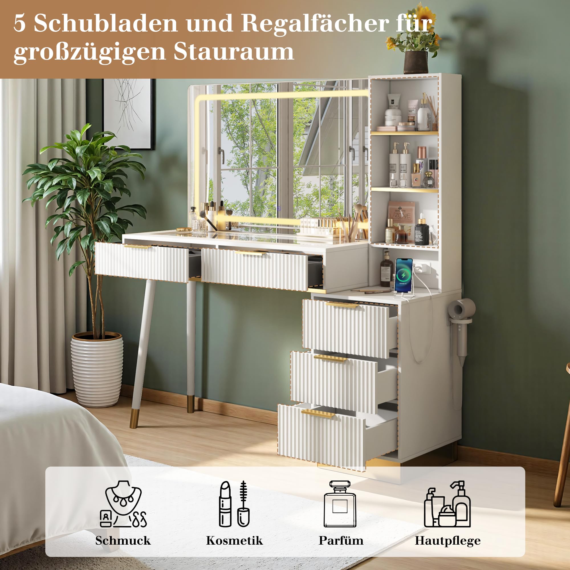LUXOAK Großer Schminktisch mit LED-Spiegel und USB-Anschluss, 5 Schubladen, Glasplatte, Breites Design 122×40×137 cm, Stabil & Pflegeleicht, Ideal für Schlafzimmer