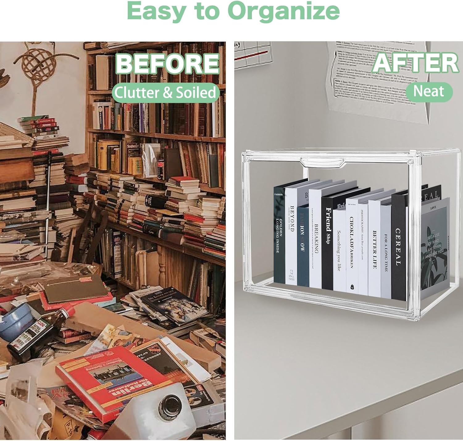 2 PACK Clear Book Storage Organizer Stackable Acrylic Book Display Box with Magnetic Door for Bookshelf Easy Assemble Bookcase Containers Display case for Comics Toys Handbags Shoes Purses