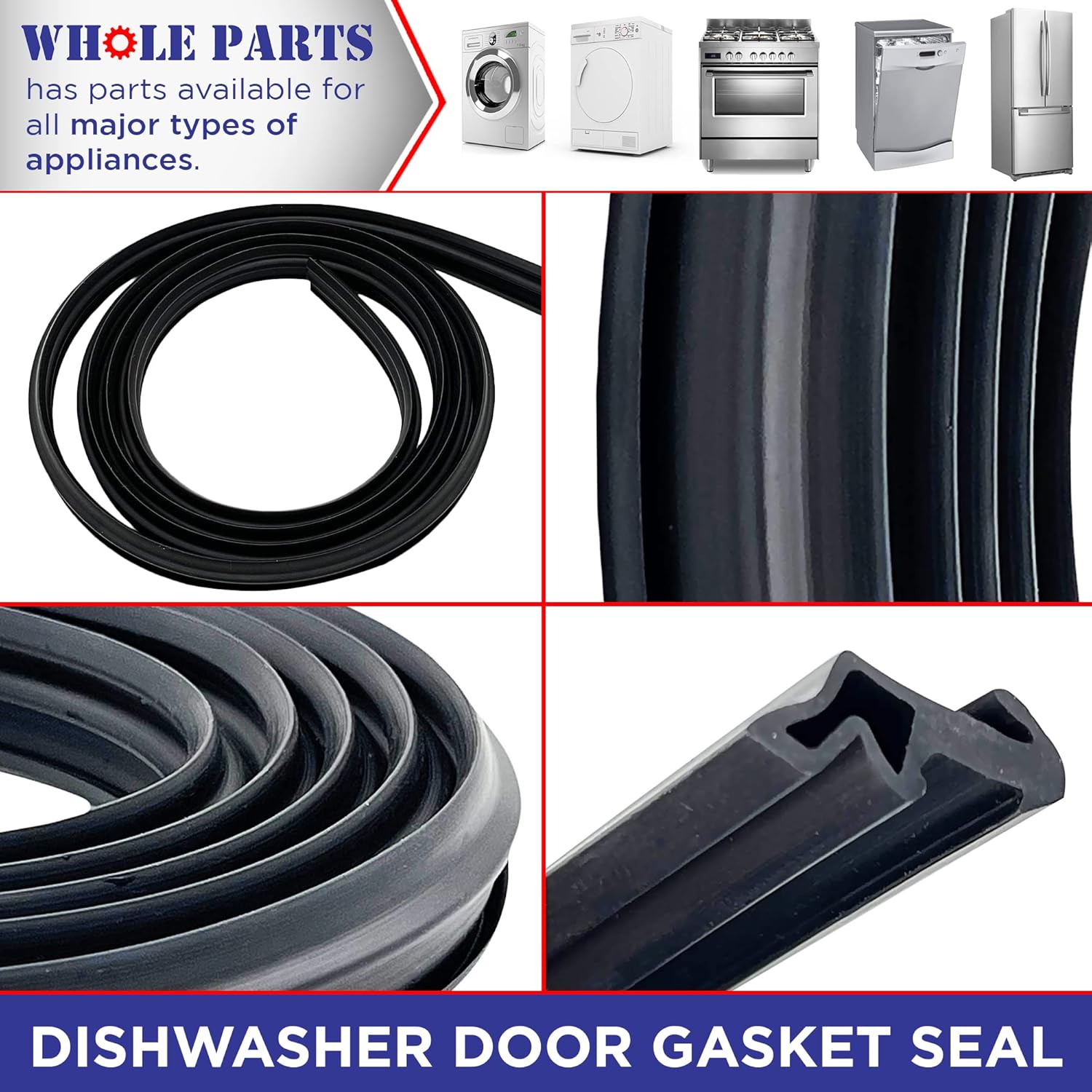 Upgraded Whole Parts Part #W11196317 Dishwasher Door Gasket Seal, Replacement & Compatible w/Some Whirlpool Dishwashers, Non-OEM Whirlpool Appliance Parts & Accessories, About 73"" L x 3/4"" W