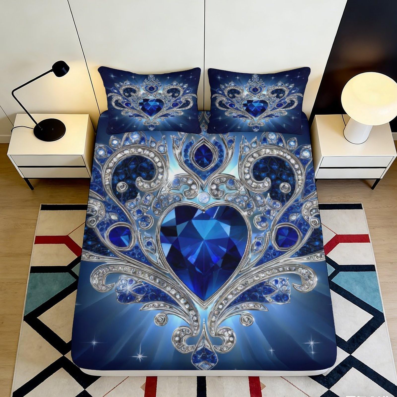 3D Printed Blue Heart Jewel Fitted Sheet Microfiber Soft Breathable Royal Gem Mattress Cover for Bedroom Dormitory Guest Room Protection Decor 140x200x25cm