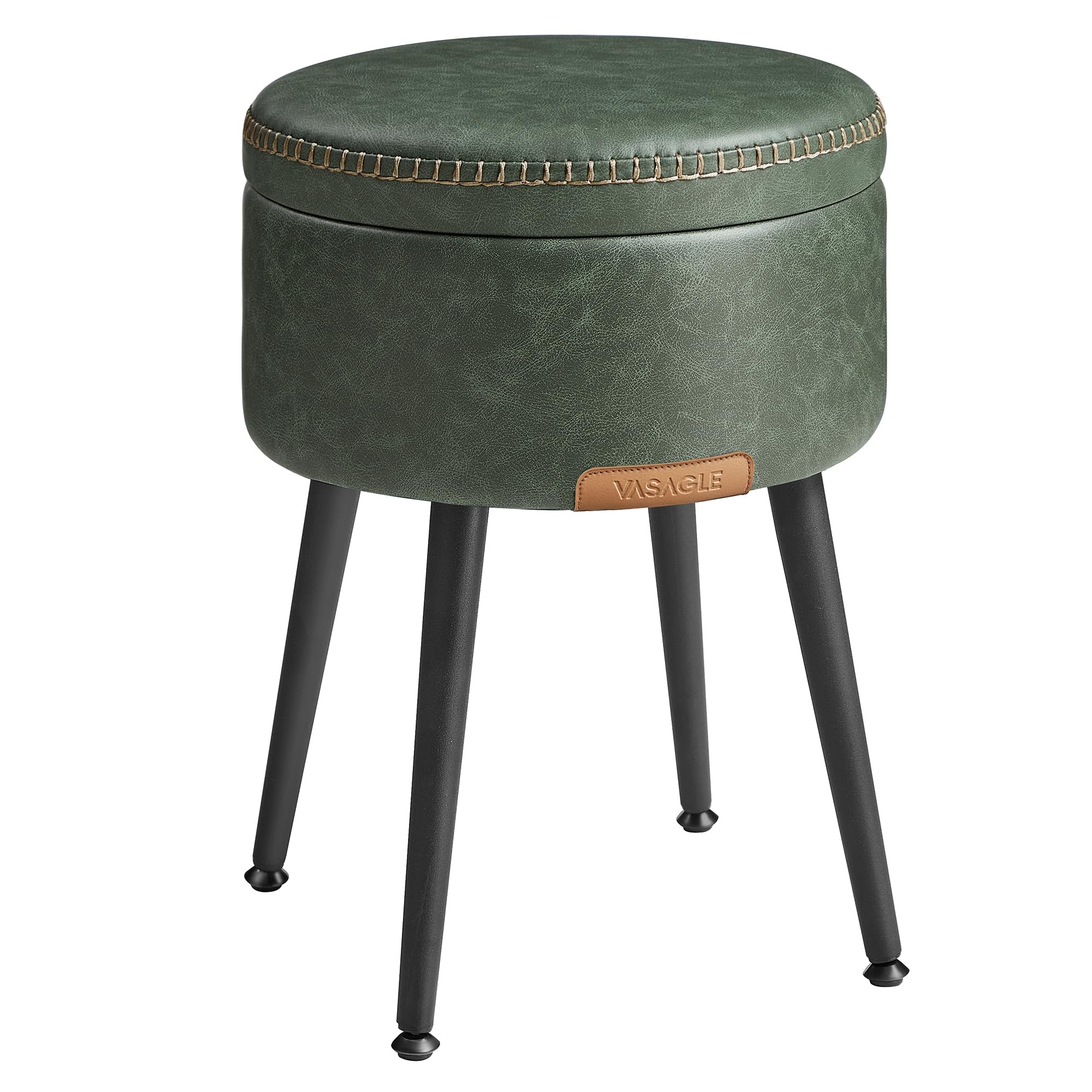 VASAGLE EKHO Collection - Storage Ottoman, Vanity Chair Stool, Synthetic Leather with Stitching, Mid-Century Modern, Round Storage Seat with Steel Legs, Loads 330 lb, Forest Green ULOM005C01
