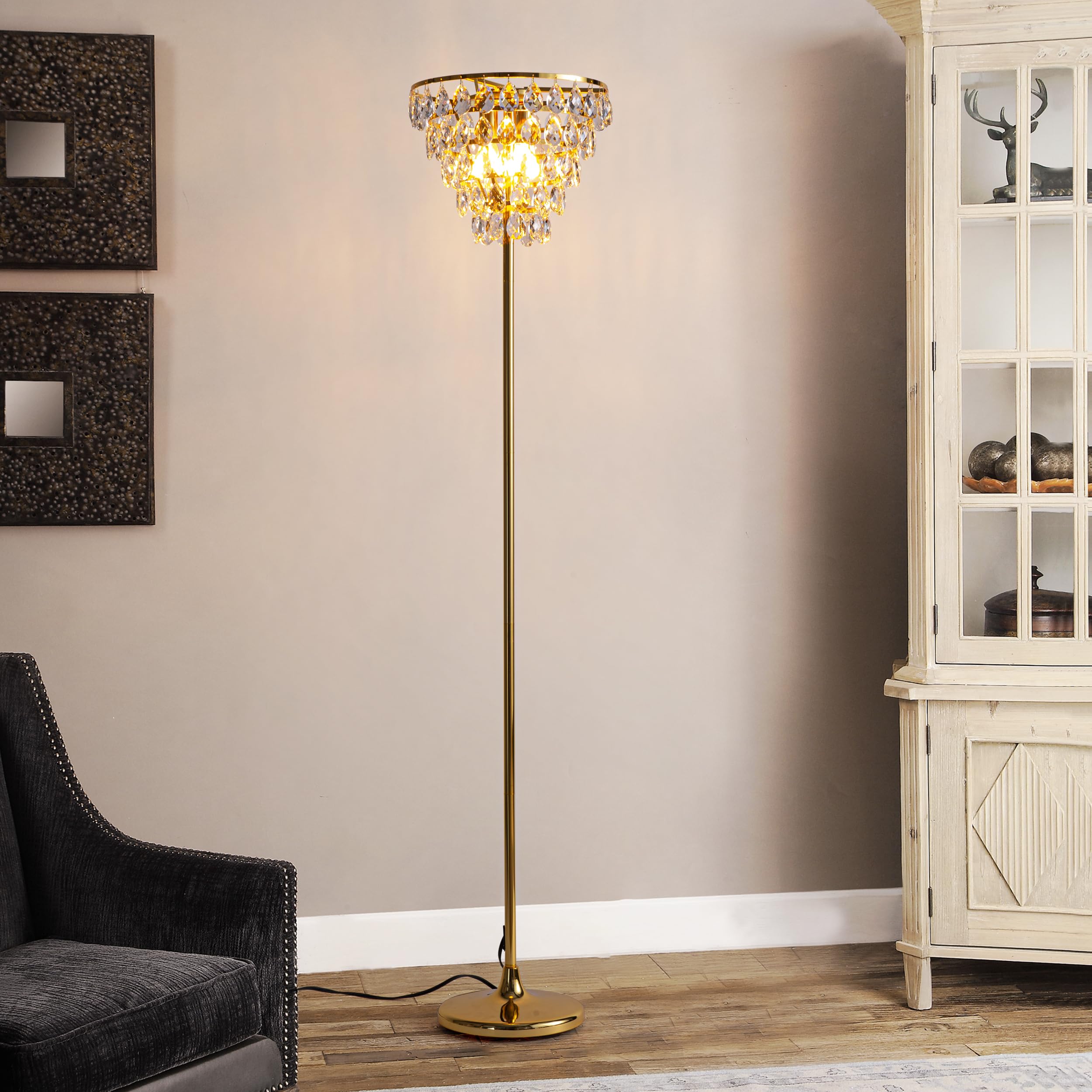 Alpinaluz Kryształowa lampa stojąca – stylowy design ze złotą podstawą, abażurą wodospadową i 3 lampami E14, nowoczesny styl do salonu, sypialni i biura