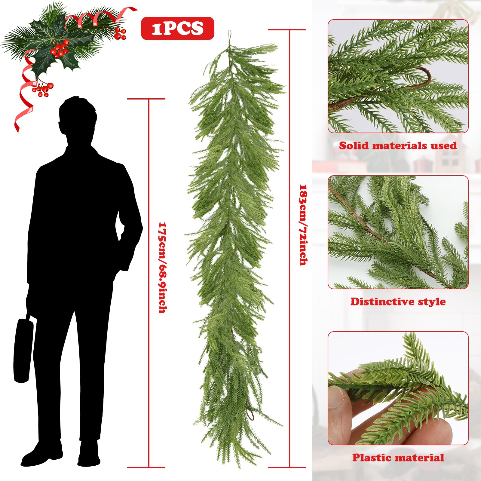 Ruibinlee Realistic Norfolk Pine Garland - 70" Faux Cedar Christmas Greenery For Mantle, Fireplace, Wall & Table Decor | Dense Real Touch Artificial Garland