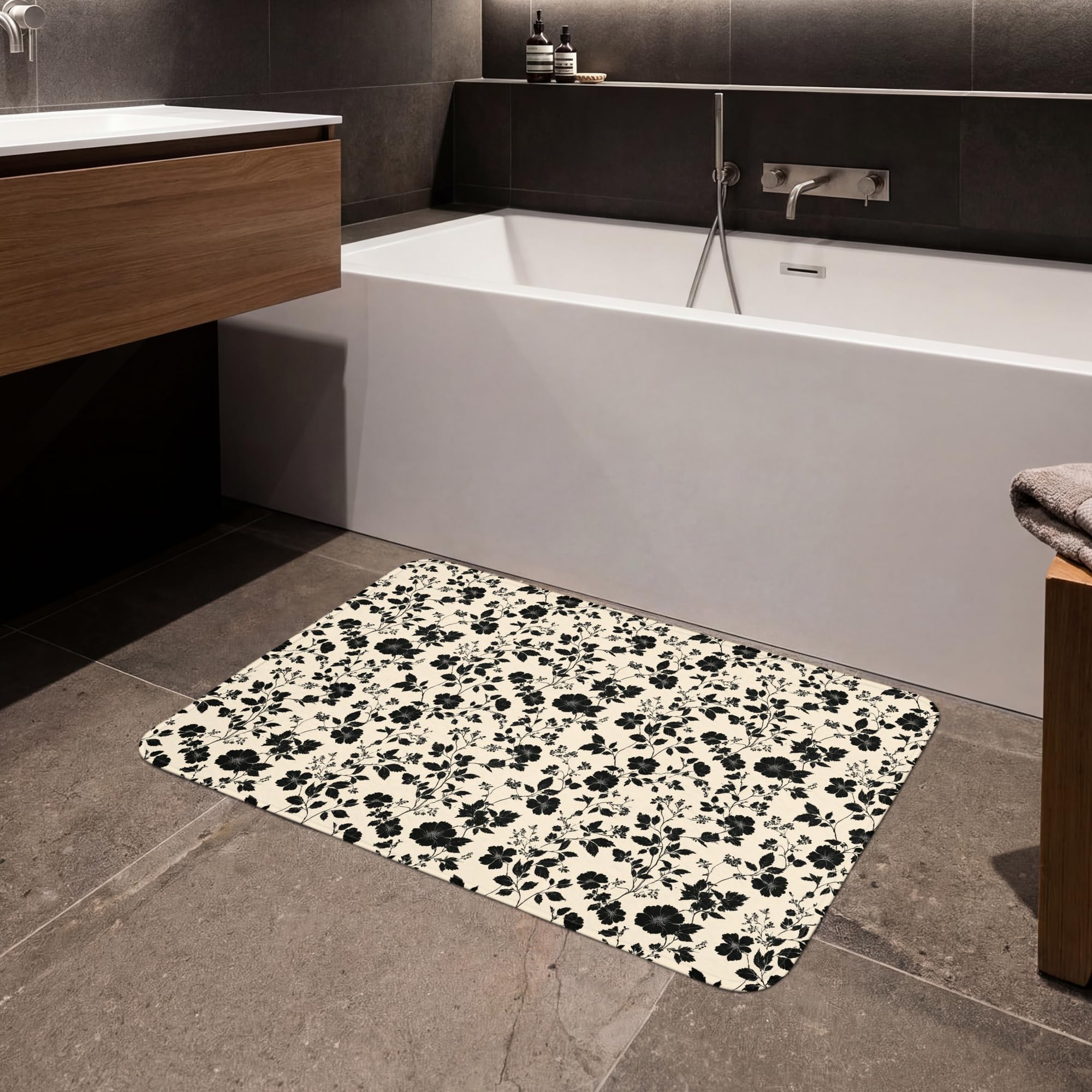 Alfombra De Baño Rectangular 90x60 cm Bathroom Bath Mat Lavable Tapete Antideslizante Alfombras Ducha Decoracion Alfombrilla Flores - Patrón - Negro
