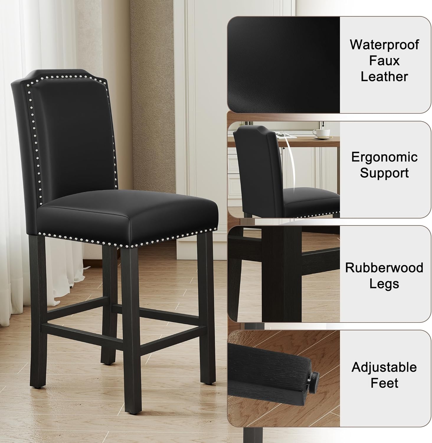 Counter Height Bar Stool, 24-Inch PU Leather Seat, Solid Wood Legs, Silver Rivet Accented Backrest, Vintage Style for Kitchen Island or Home Bar (Black-PU, 2PCS)