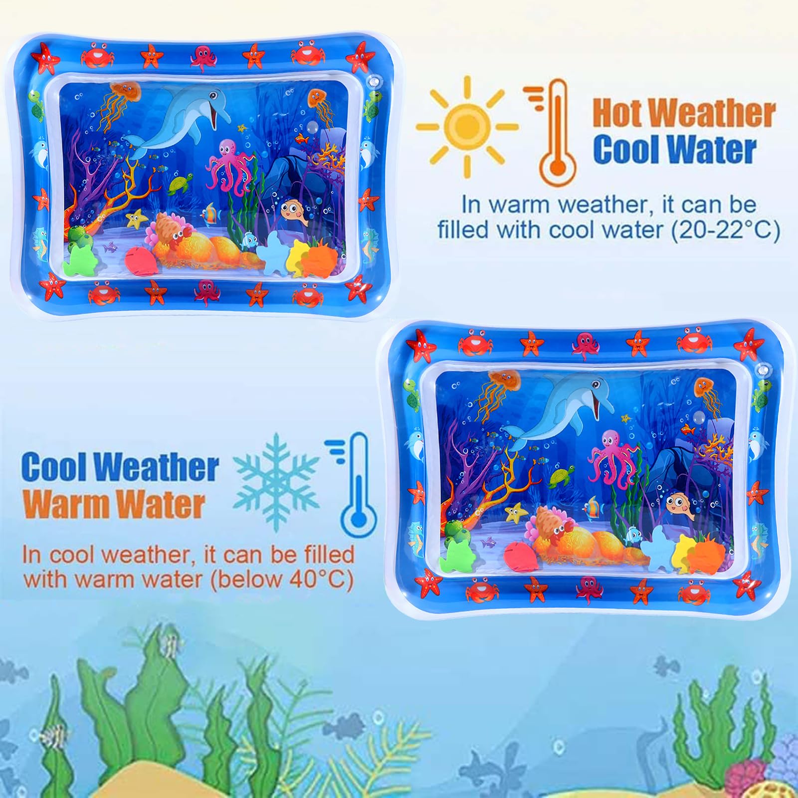 Vinuwu Tappetino gonfiabile ad acqua spesso e confortevole, 50 x 69 cm, delfino con 10 adesivi