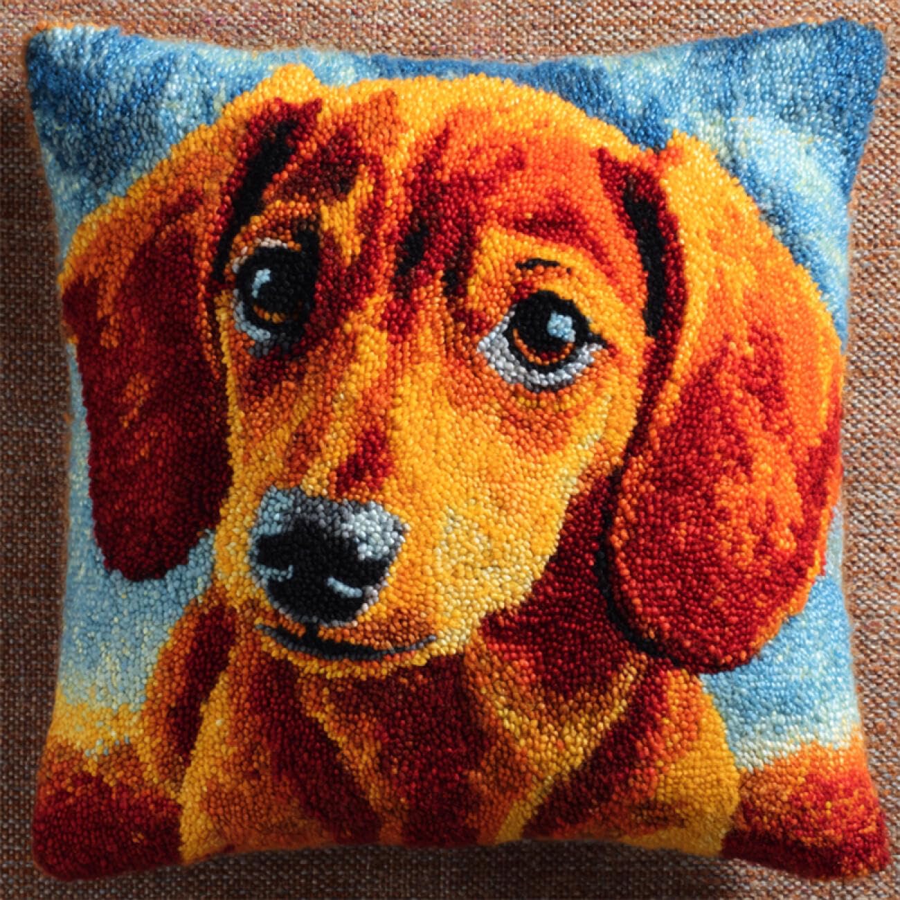 Ambattery Diy Latch Hook Pillow Kit Cartoon Dachshund Animaldiy Latch Hook Kits For Adults Carpet Cushion Crocheting Pillowcase Rug Sewing Craft Kit Creative Gift 17X17in