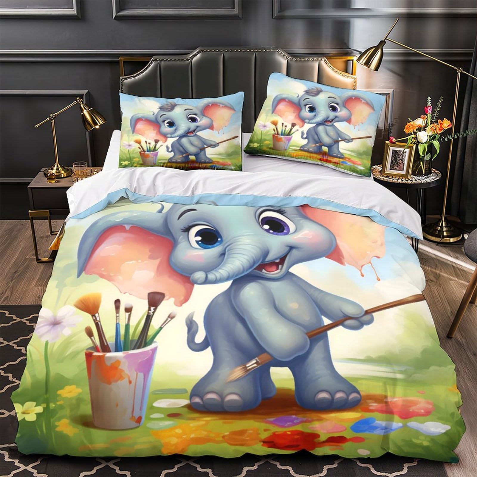 Housse de couette éléphant 3D anti-plis et facile à laver pour grand lit d'enfant 3 pièces