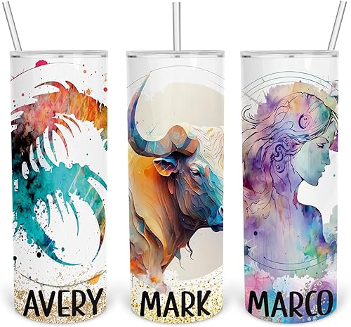 Miniatura 1 de Zodiac Skinny - Vaso sublimado personalizado de 20 onzas, regalo de acero inoxidable de apreciación de Aries, regalo con popote y tapa para Libra,