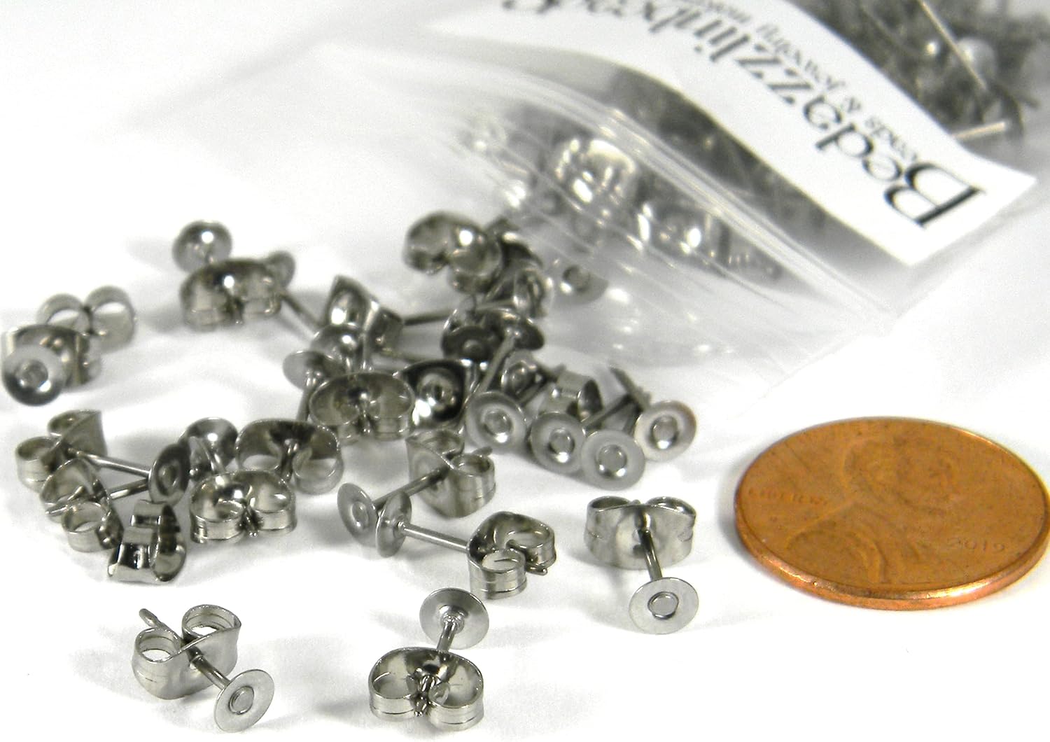 25 Pair Hypo-Allergenic Genuine Titanium Post Earring Findings with Surgical Grade 304 Stainless Steel 4mm Round Flat Pad & Stud Butterfly Backings