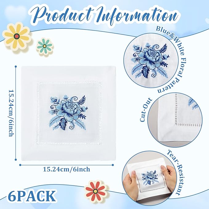 LemonRoad 6 Servilletas de Lino Azul Florales Bordadas 15x15 cm miniatura 3