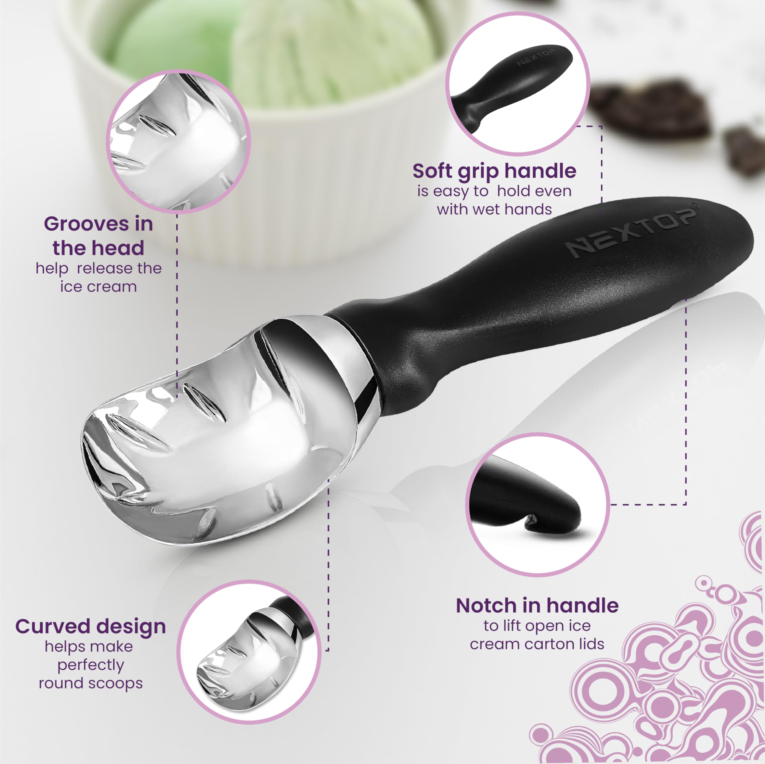 Nextop Cuchara de helado con mango cómodo, cuchara ergonómica, cucharas redondas de metal perfectas y duraderas, ideales para helado, sorbete, gelatina, perfecto para uso doméstico, esencial de cocina