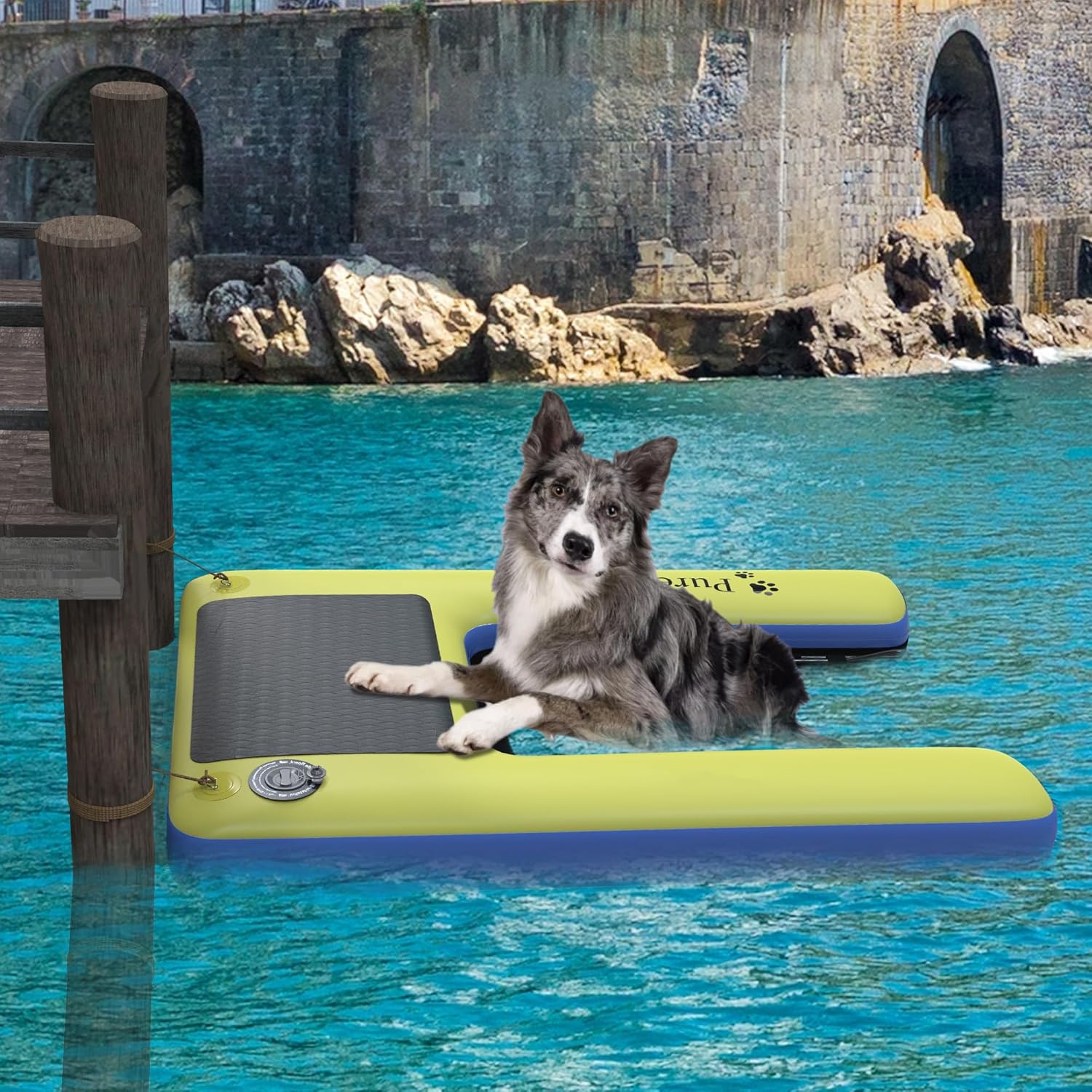 YITAHOME Large Dog Water Ramp Inflatable Dog Floating Ladder Up to 200 Pounds, with Pump/Rope/Repair Kit, Dog Floats for Pool Lakes Boats Docks