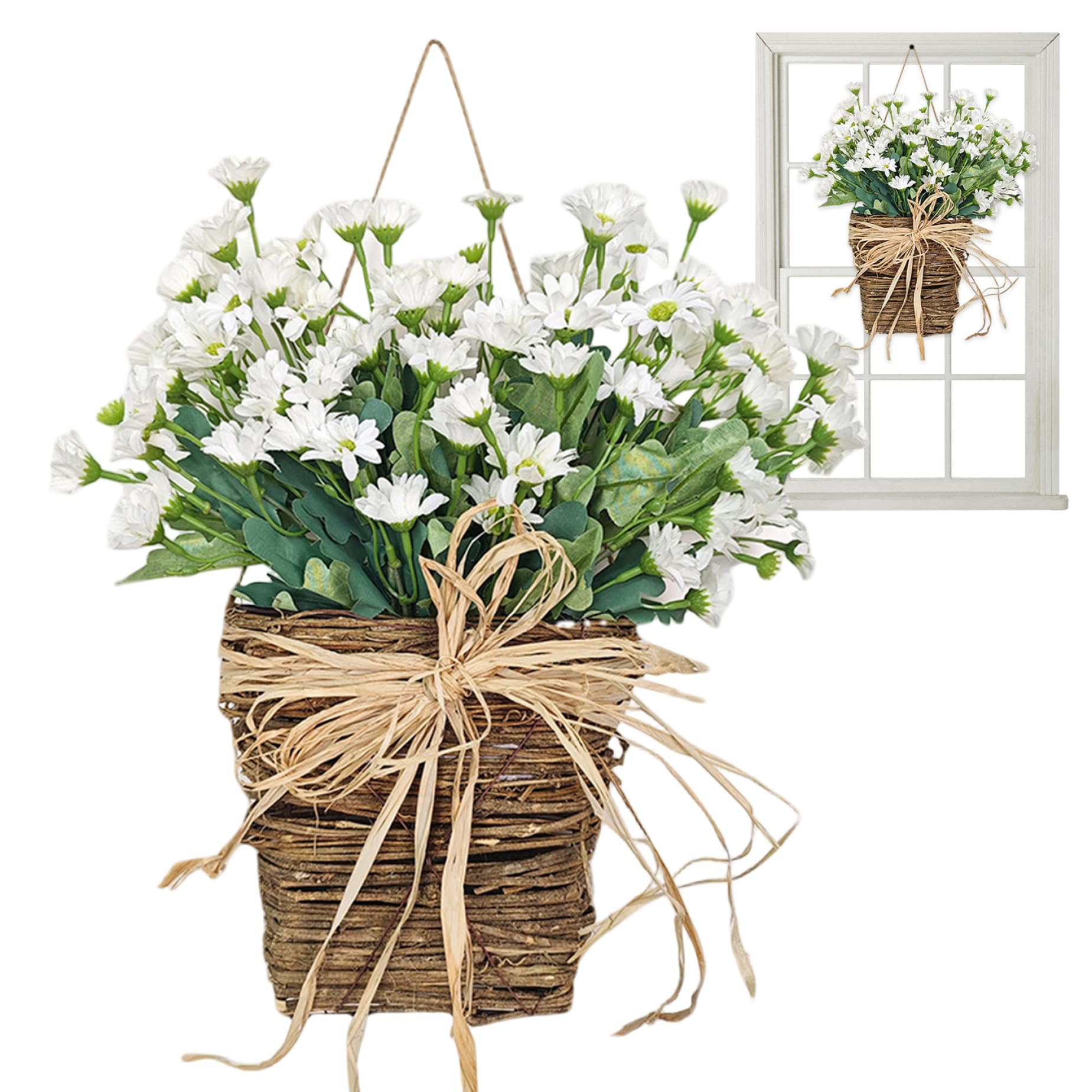 Gcroet Spring Wreath for Front Door with Artificial Daisies, Floral Hanging Basket Garland for Spring Home Decor.