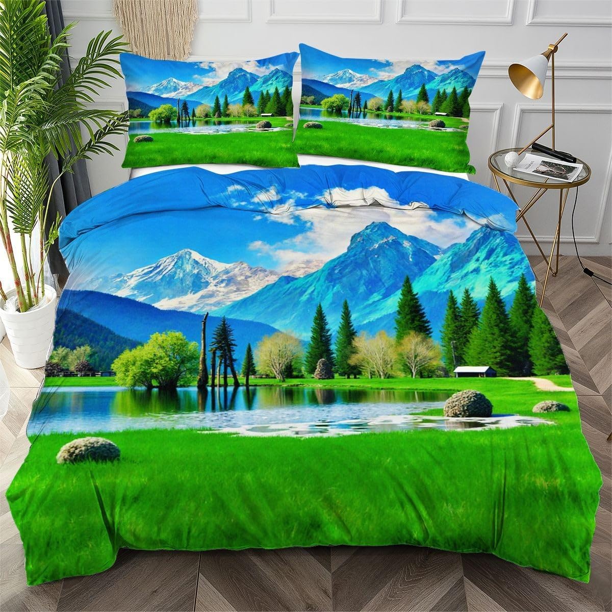 Housse de couette 140x200 microfibre douce motif prairie avec fermeture éclair invisible