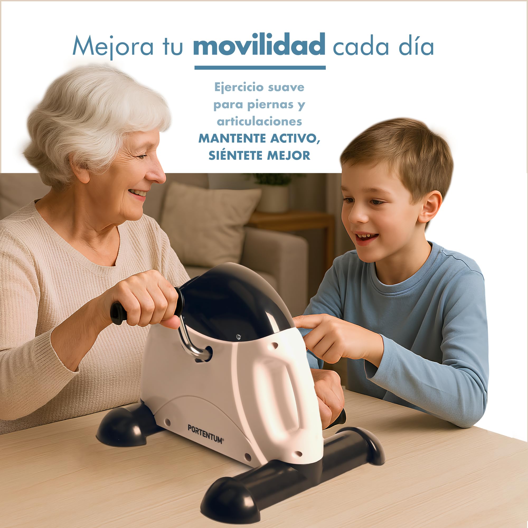PORTENTUM Pedales estaticos Personas Mayores Pantalla LCD 6 Funciones – Pedaleador Brazos y piernas Compacto con Resistencia Ajustable y asa de Transporte – Diseño portátil para Ejercicio en casa