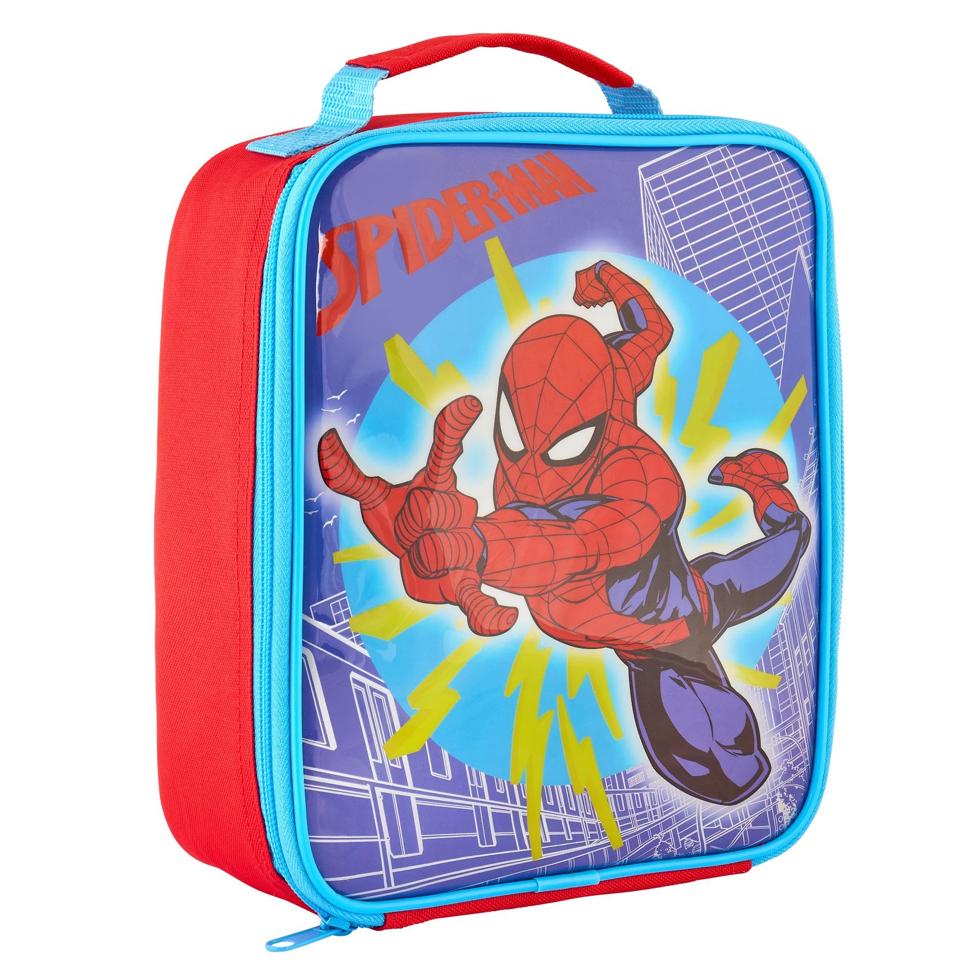 Marvel Spider-Man Kids Insulated Lunch Bag with Carry Handle, Red and Blue, Wipe Clean Lining, Name Tag