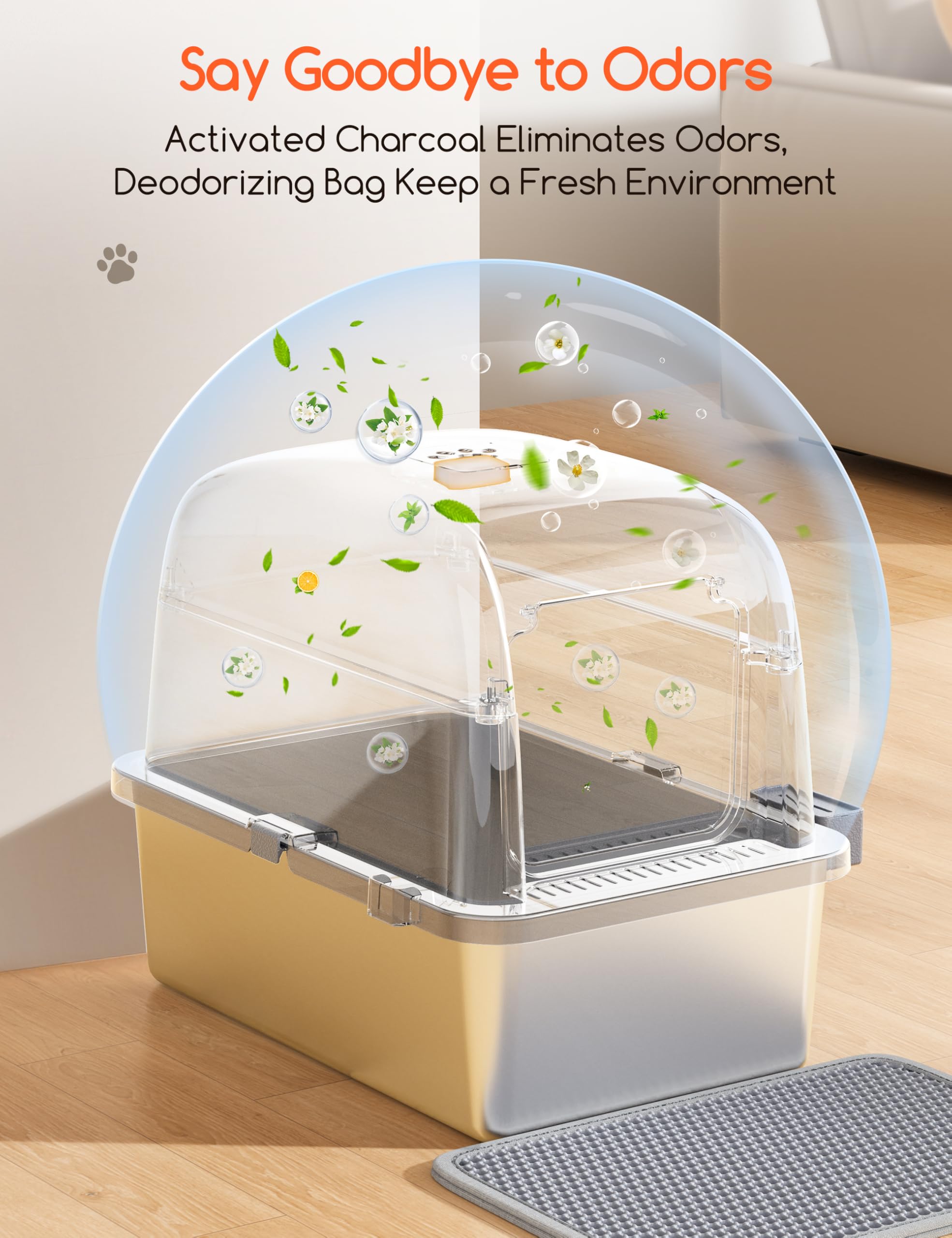 Meowant Lettiera per Gatti in Acciaio Inox, Lettiera Gatto Chiusa XXL, Toilette Grande per Gatti con Paletta e Tappetino, Antiaderente, Antiodore, Facile da Pulire, 60 x 40 x 45 cm, Bianco