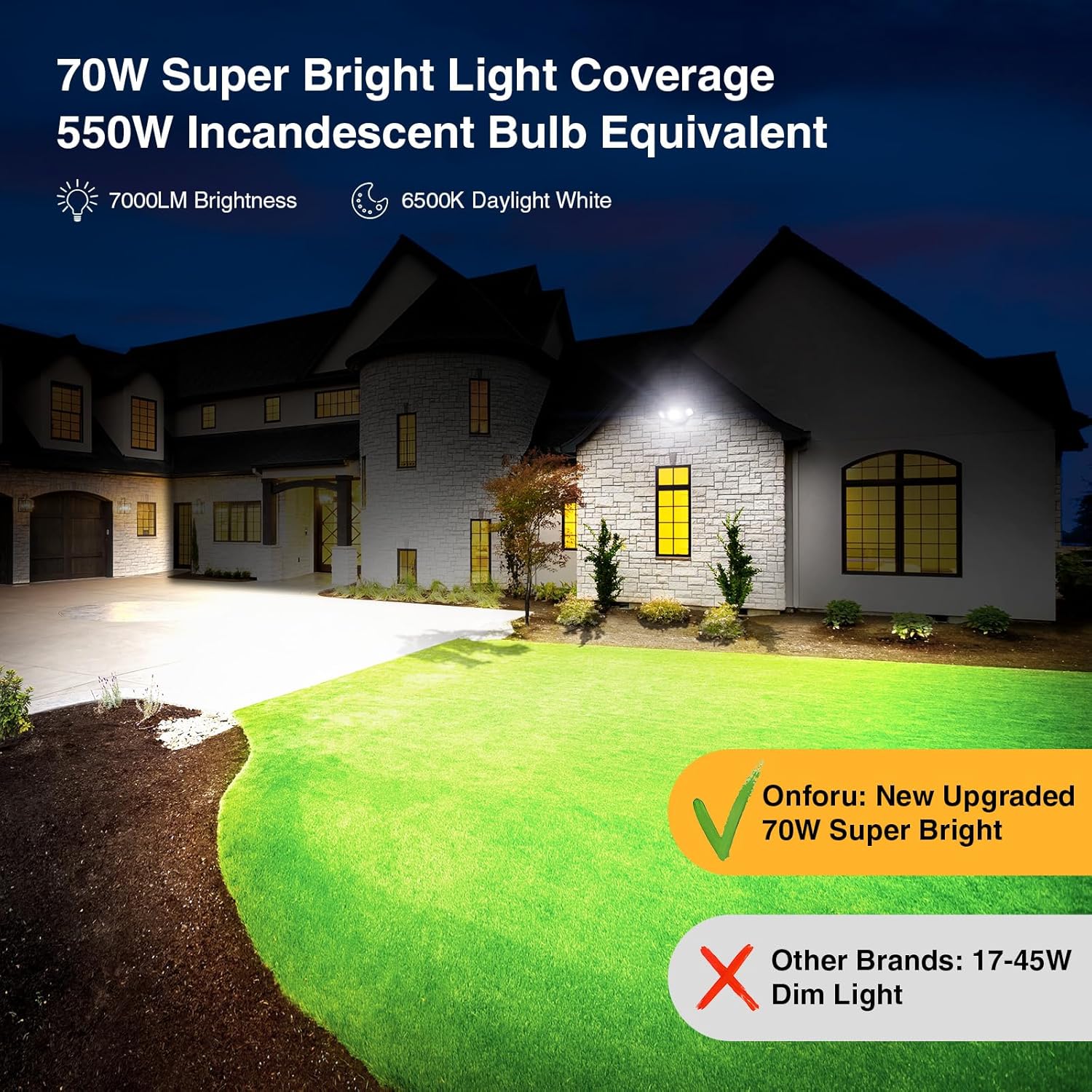 Onforu 70W Dusk to Dawn Outdoor Lighting,7000LM Black Flood Lights Outdoor,IP65 Waterproof Exterior Security LED Light,3 Adjustable Heads Photocell Light Fixture,6500K Floodlight for Garage,Patio,Yard