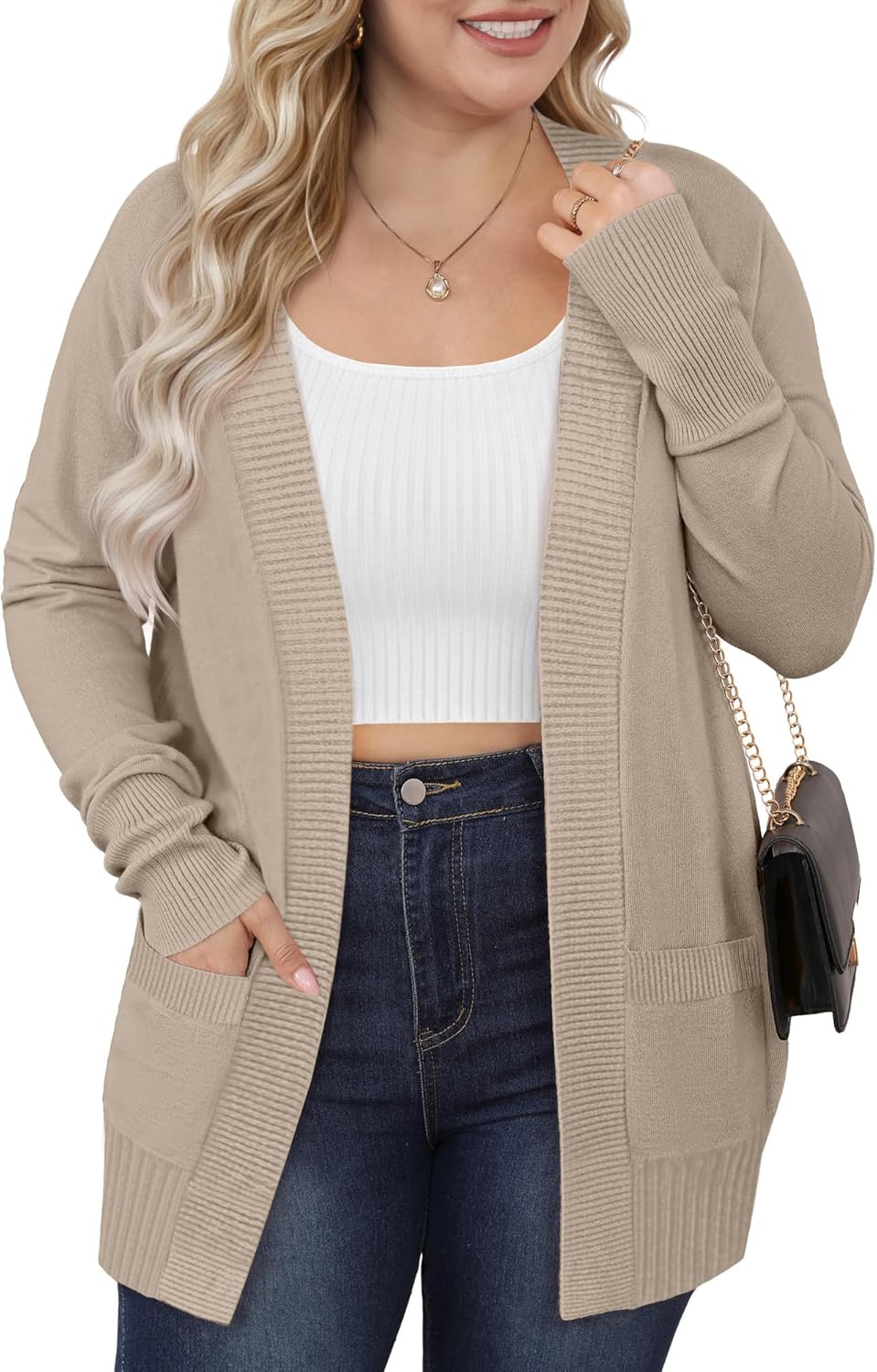 Women's Plus Size Cardigan Open Front Casual Long Sleeve Knit Sweaters with Pockets 2025 Lightweight Knit Cardigan