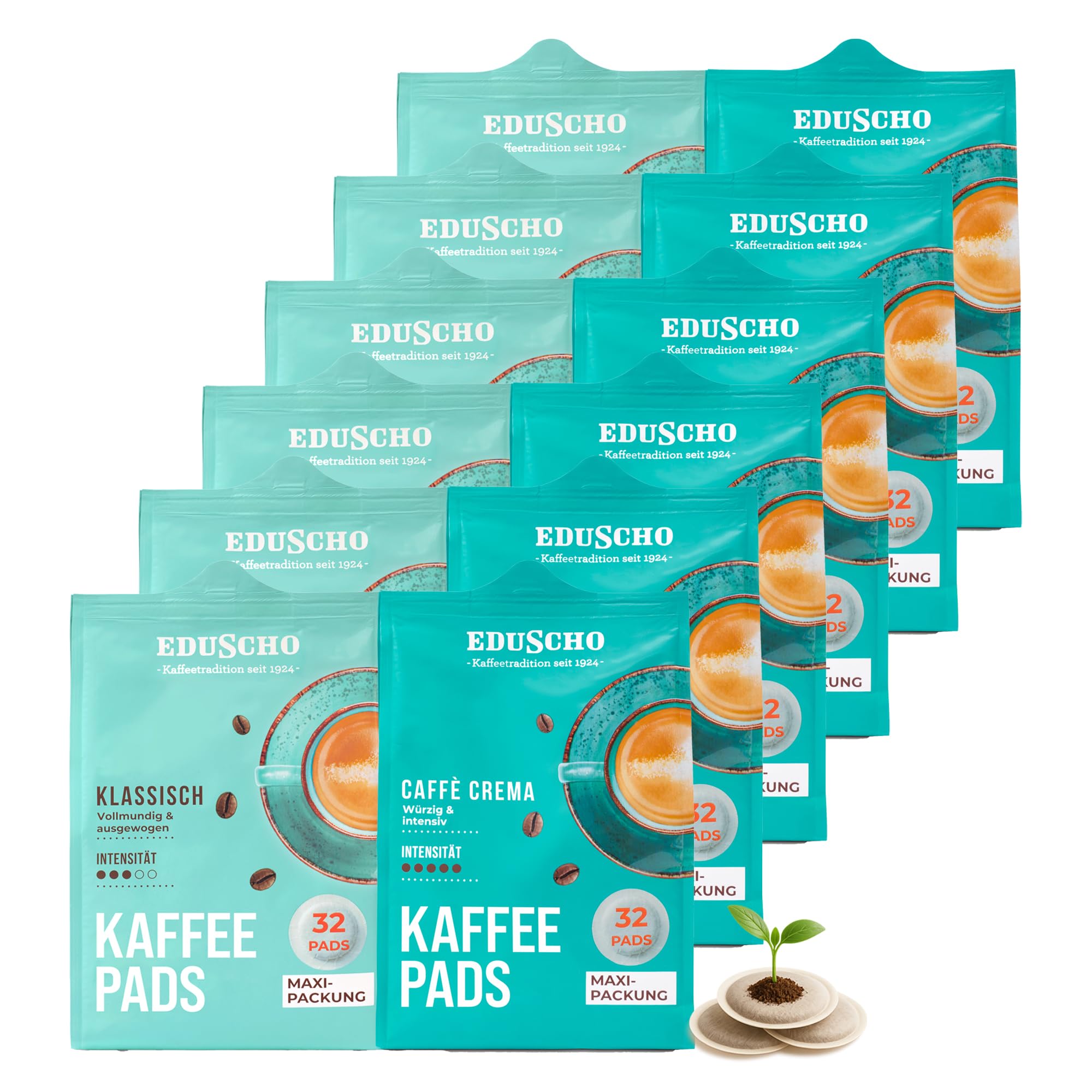Eduscho Kaffeepads Probierset Vorratspack Maxi Packung, Klassisch & Caffè Crema, 384 Pads – 12 x 32 Pads, für alle Pad Maschinen, industriell kompostierbar