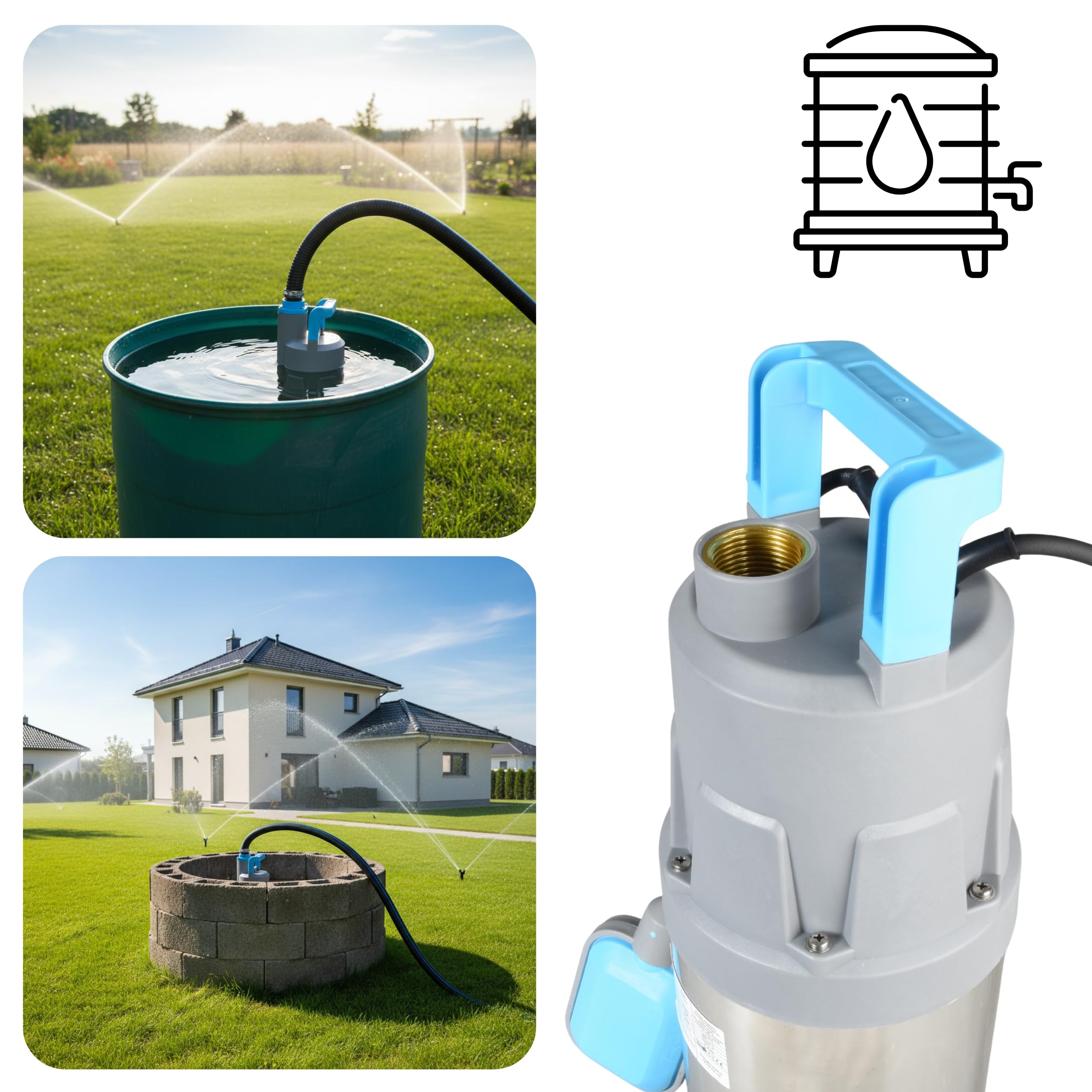 Pompe Submersible FLOX 35P INOX avec Flotteur pour Eaux Propres (900 W, 6000 l/h, hauteur de refoulement 35 m) - Pompe Immergée pour Récupération d’Eau de Pluie, Arrosage Jardin, Piscine et Cave
