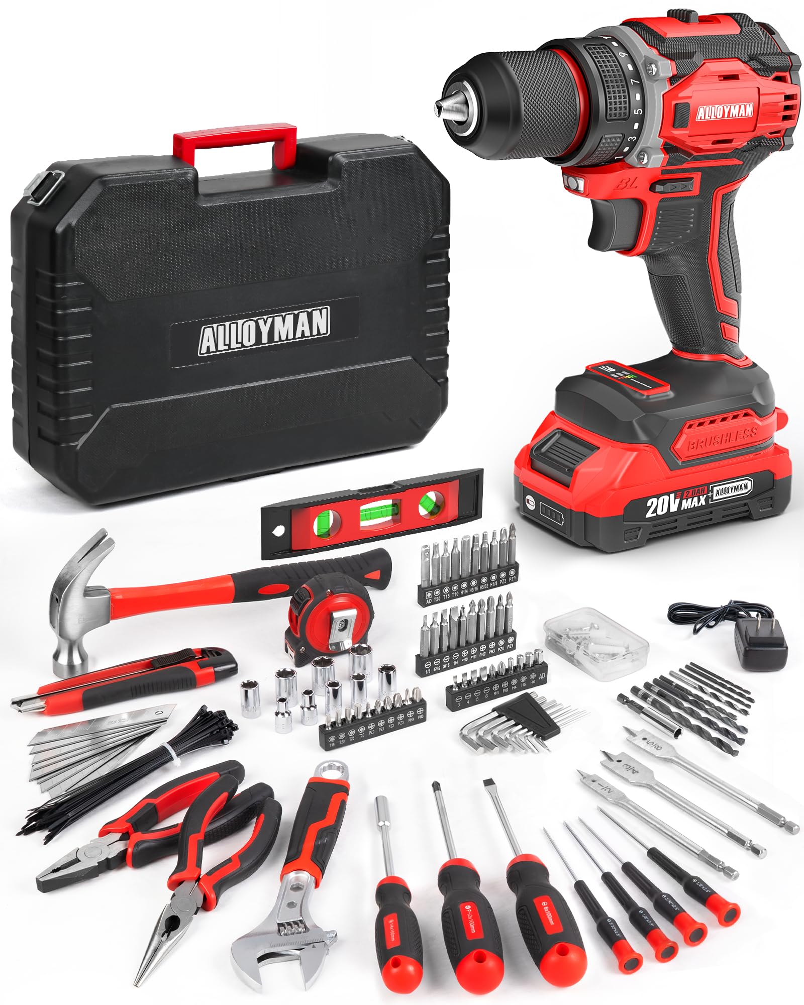 Alloyman Home Tool Kit Set with 20V MAX Cordless Drill Driver, 174-Piece All Purpose Home Tool Set with Drill Set, Power Drill with Tool Box in Storage Case, For DIY and Home Maintenance