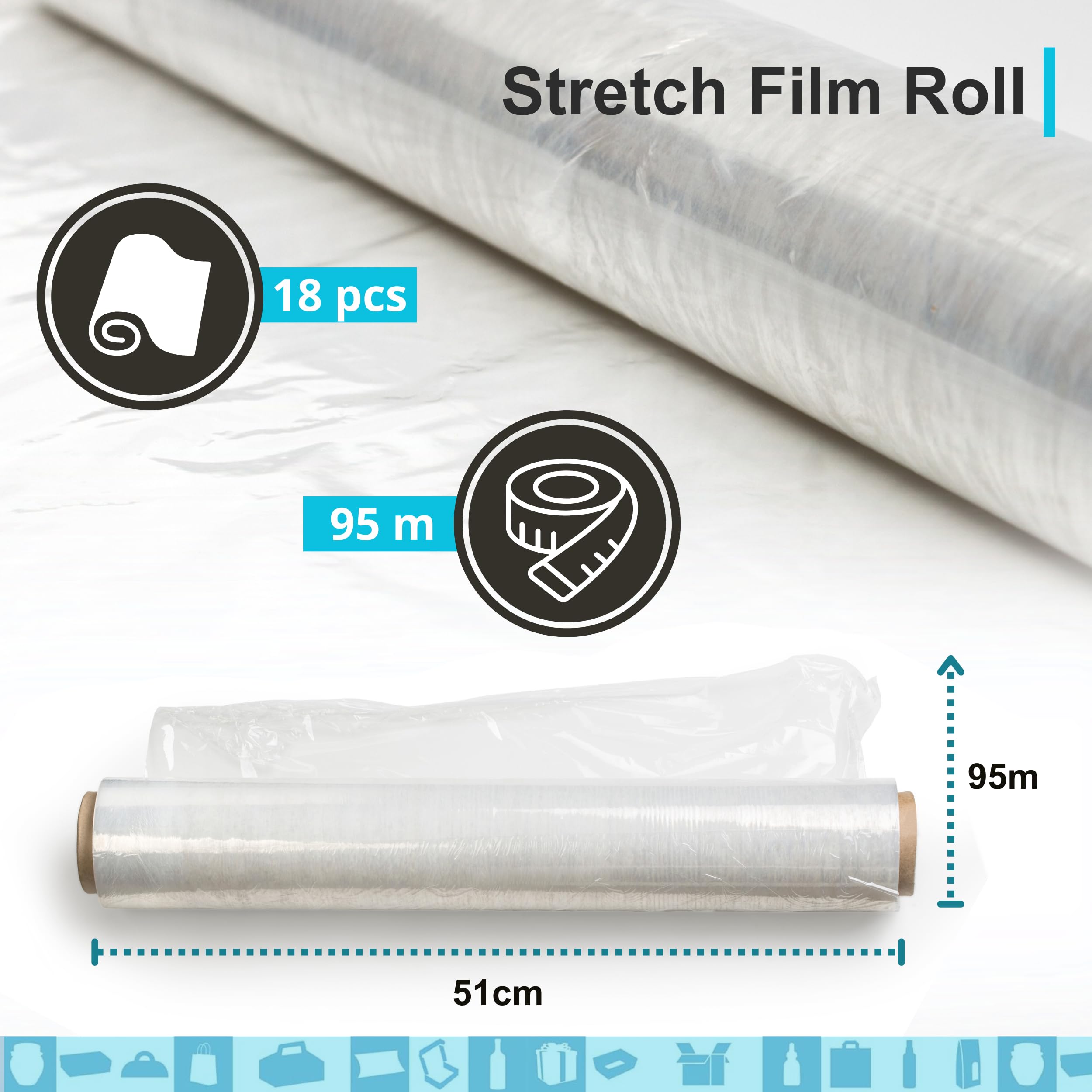 18 rolek przezroczystej folii stretch 51 cm x 95 m | Folia do pakowania opakowań i palet | Folia rozciągliwa do przeprowadzki | Folia spożywcza