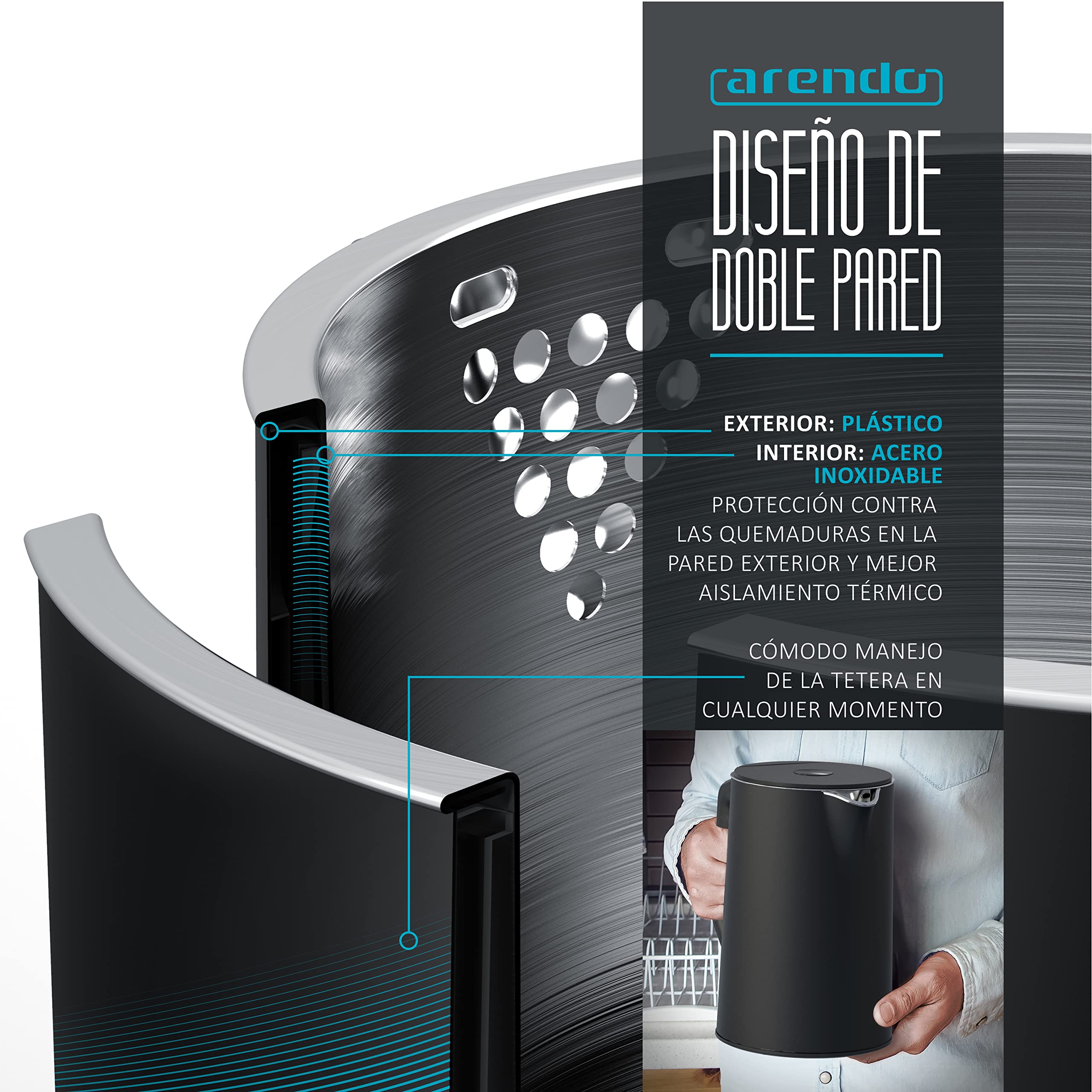 Arendo - Hervidor de agua eléctrico 1,5 litro, Tetera con ajuste de temperatura de 40°C a 100°C, Modelo Elegant, Diseño de doble pared, Acero inoxidable, Fácil de limpiar, Para té café infusión, negro
