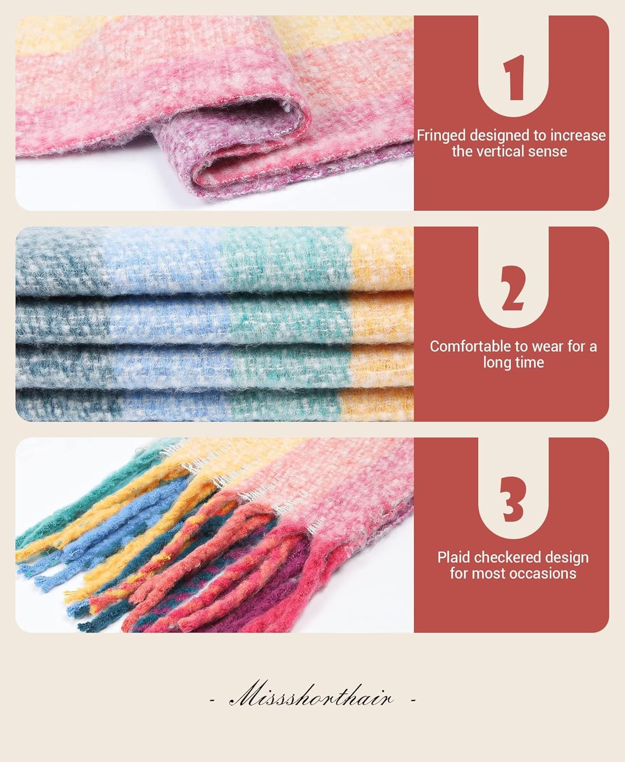 MissShorthair Oversized Chunky Blanket Scarf for Women Winter Warm Colorful Big Scarfs Plaid Thick Scarves Soft Fluffy Shawl - Image 4