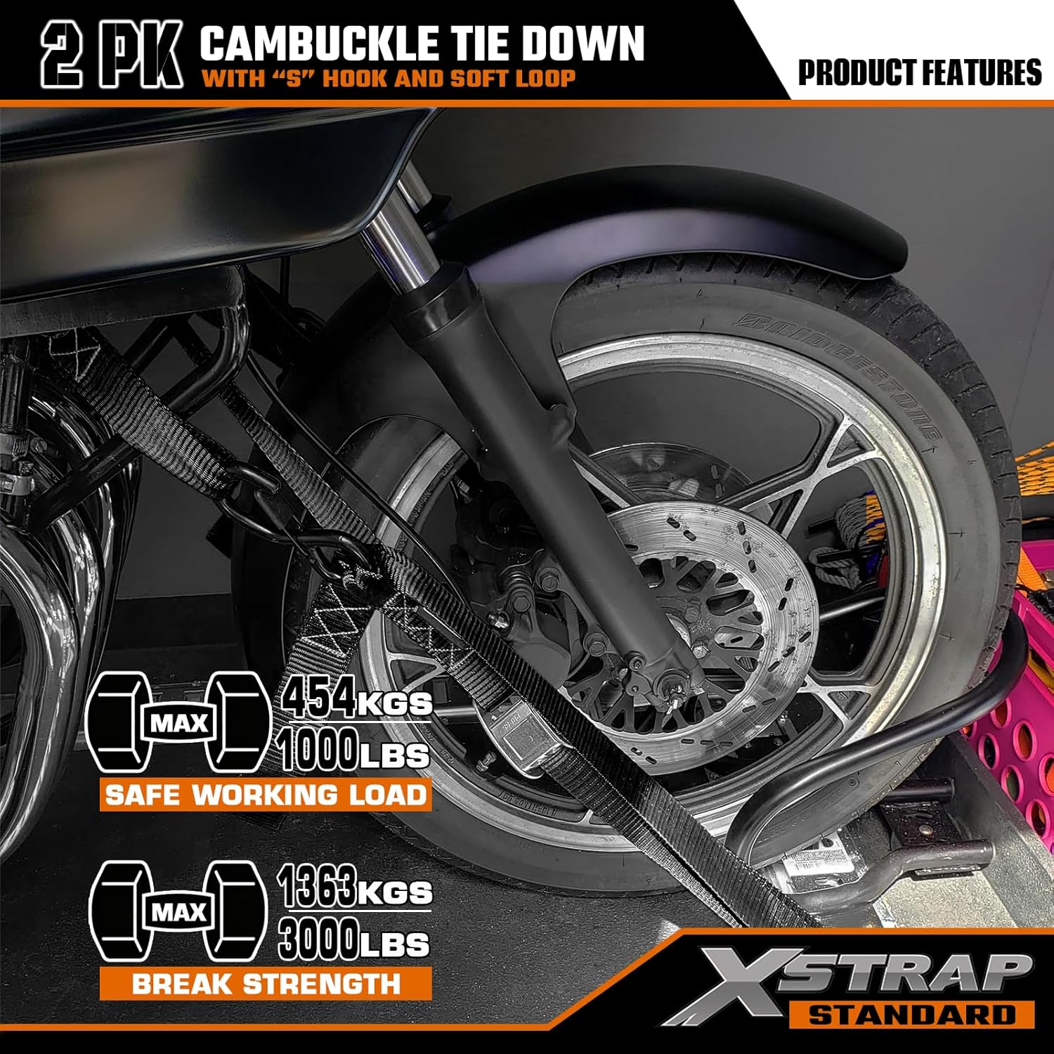XSTRAP STANDARD Motorcycle Tie Down Straps (2 Pack) 3,000lb Break Strength, 1.5 in X 8FT Heavy-Duty Cambuckle Tie Down Set with S Hook and Soft Loops, Black - Image 5