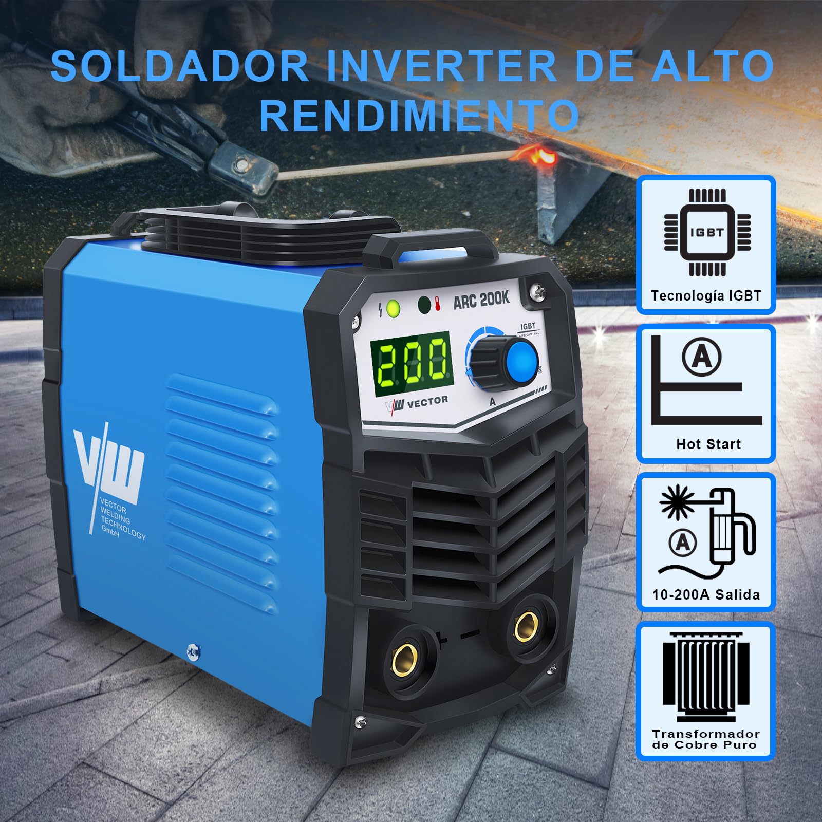 Soldadora de electrodos 200 A -Soldador Inversor Electrodos - Soldadora de Electrodos 230 V - 200 amperios - Set con casco de soldadura, martillo de escoria, cepillo, 10 electrodos