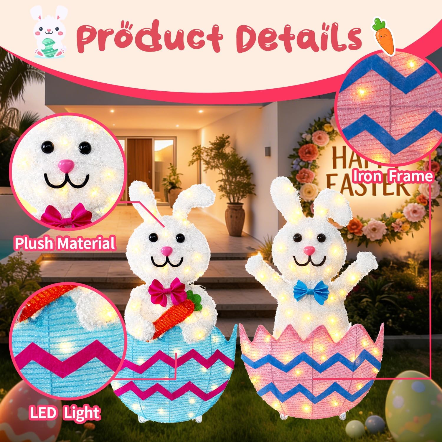 Outdoor Easter Decorations Yard Decor, Set of 2 Lighted Metal Bunny, 35 Inch Wide, Lights Plug in LEDs for Porch Lawn Garden Holiday Displays